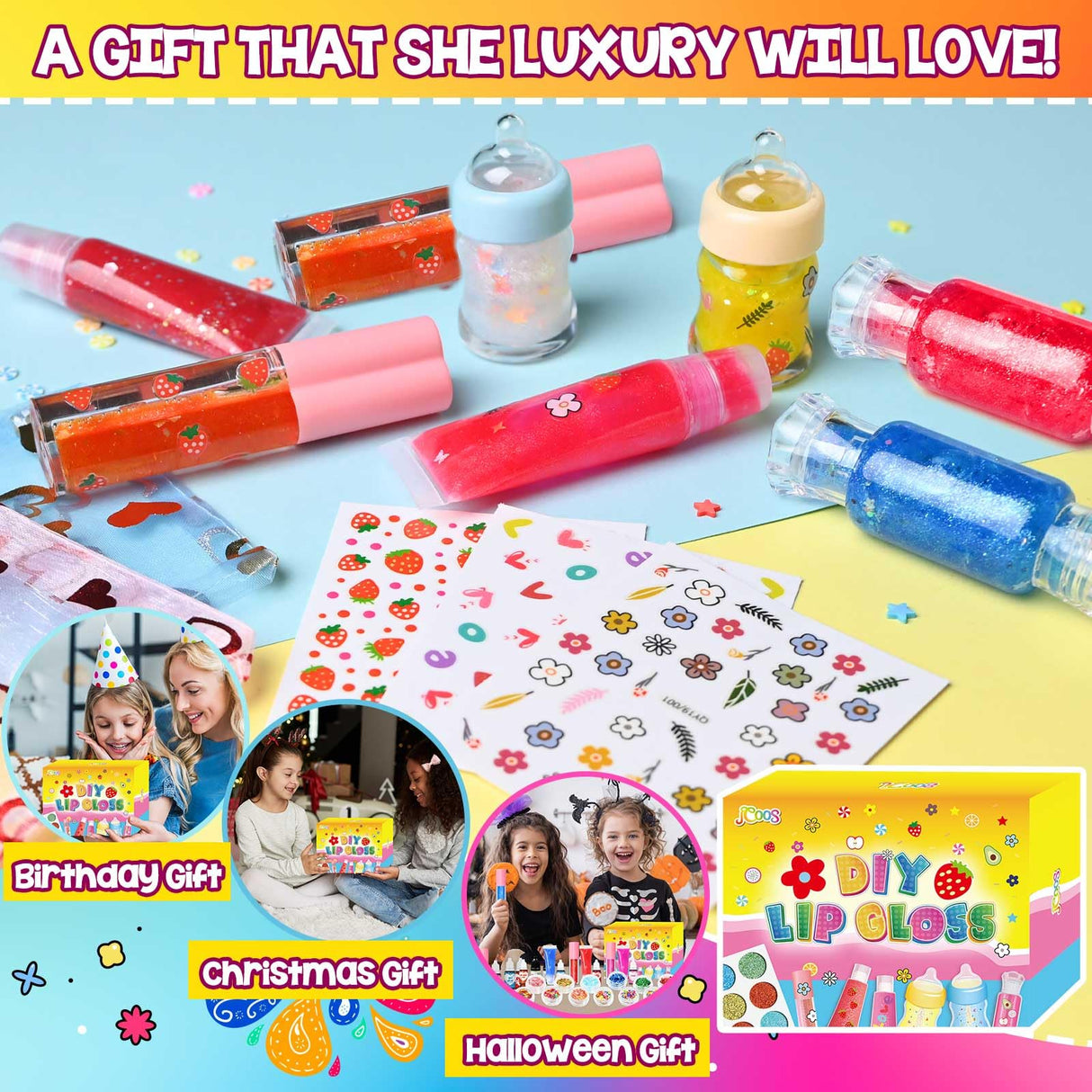 Jcoos Lip Gloss Making Kit, 73PCS Fun Make Your Own Lip Gloss Kit Kids, Beginner, Lipgloss Sets for Girls, DIY Lipstick Set, Moisturizing Lip Oil Base, Gifts for Tween Girls, Teens, Daughters, Women Jcoos