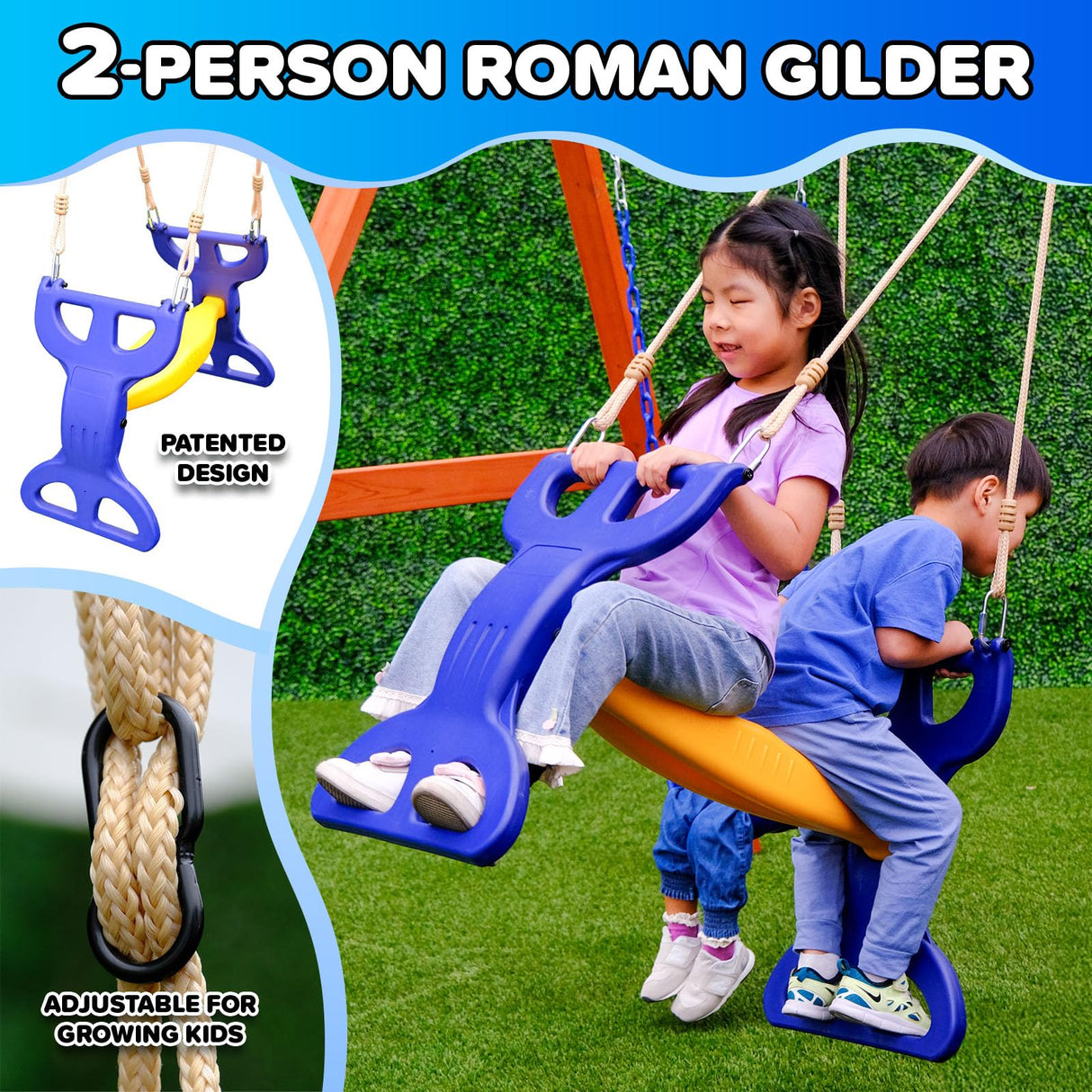 Sportspower™ Madison Wooden Swing Set: 2 Height Adjustable Swings and 2 Person Roman Glider Swing, Backyard Outdoor Playset for Kids Sportspower