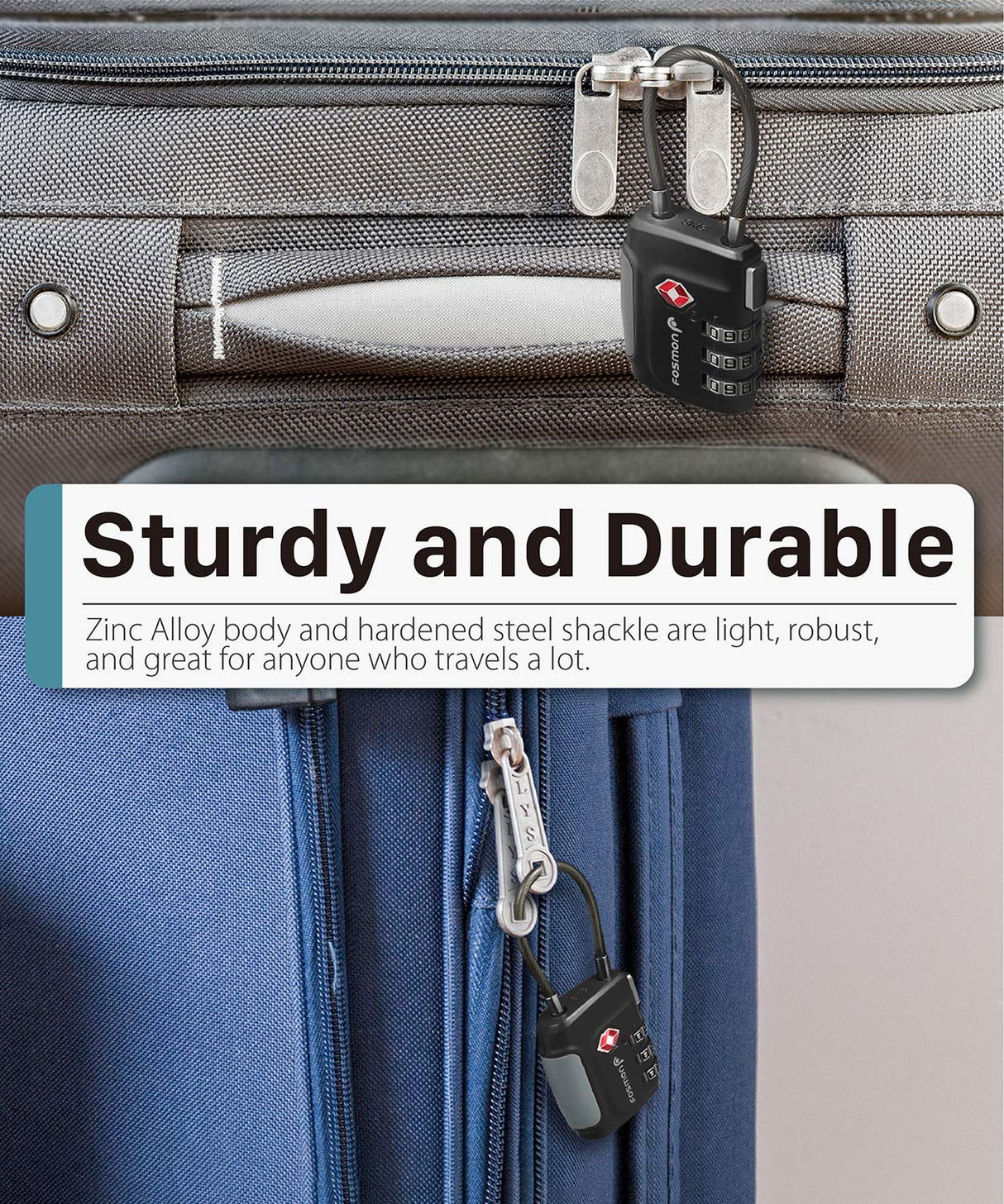 Fosmon TSA Approved Cable Locks for Luggage, Suitcase, Gun Case Lock with Push Release Button, 3 Digit Long Shackle Combination Wire Lock for Backpack Fosmon