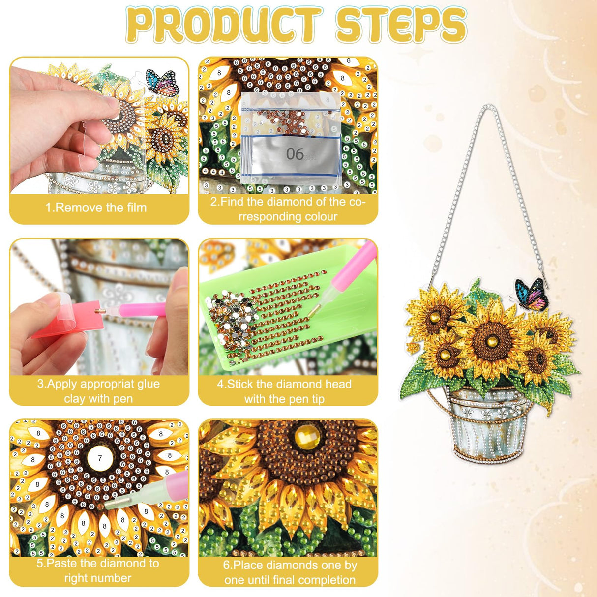 RICUVED Hanging Diamond Art Painting Kit Sunflower, Special Shaped Crystal Gem Craft Bucket Flowers Diamond Painting Pendant Kit for Adults, DIY Hanging Diamond Art Ornament Kit for Home Garden Decor RICUVED
