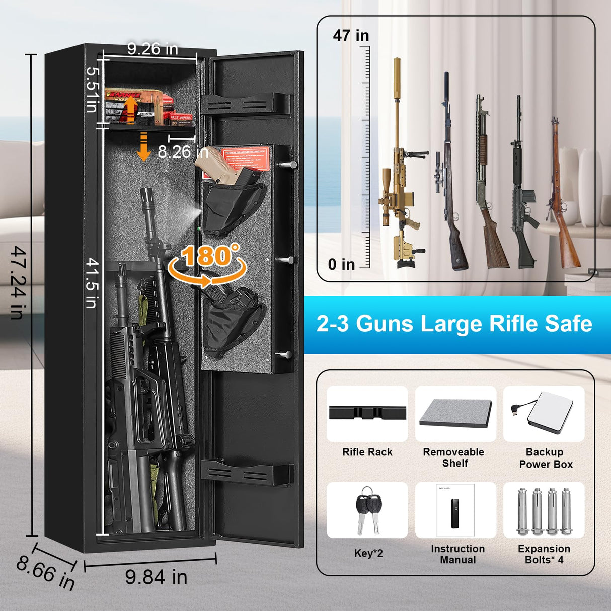 Marcree 2-3 Gun Safe, Gun Safe for Rifles and Pistols, Gun Cabinets for Rifles and Shotguns with Dual Alarm System, Rifle Safe, Gun Safes for Home Rifle and Pistols, No Assembly Marcree