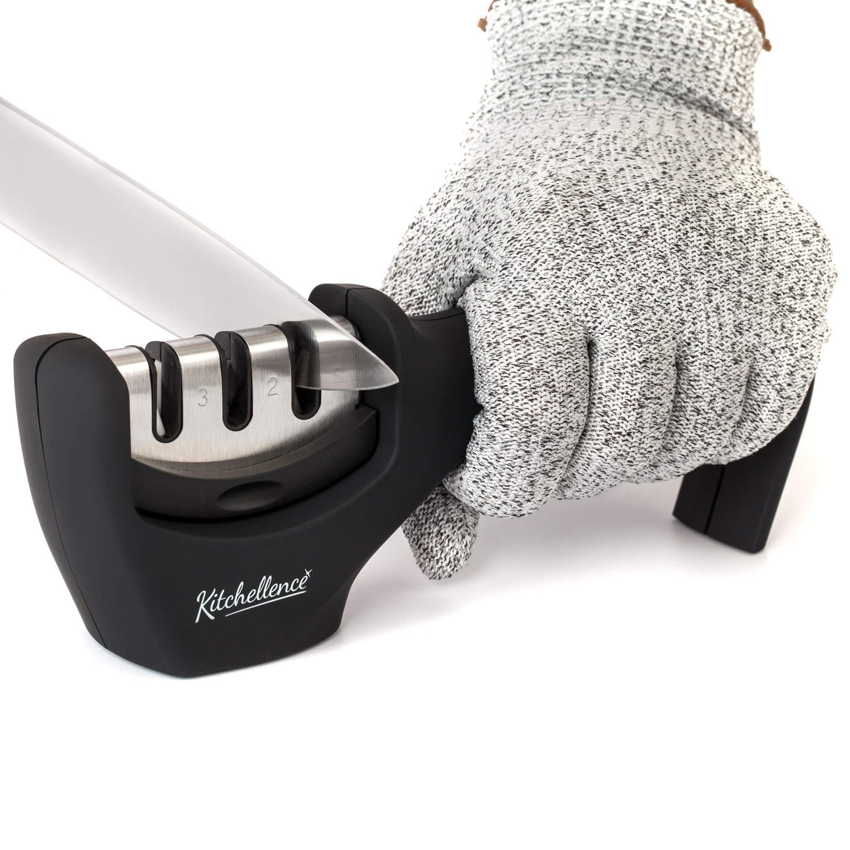 4-in-1 Kitchen Knife Accessories: 3-Stage Knife Sharpener Helps Repair, Restore, Polish Blades and Cut-Resistant Glove (Black) KITCHELLENCE