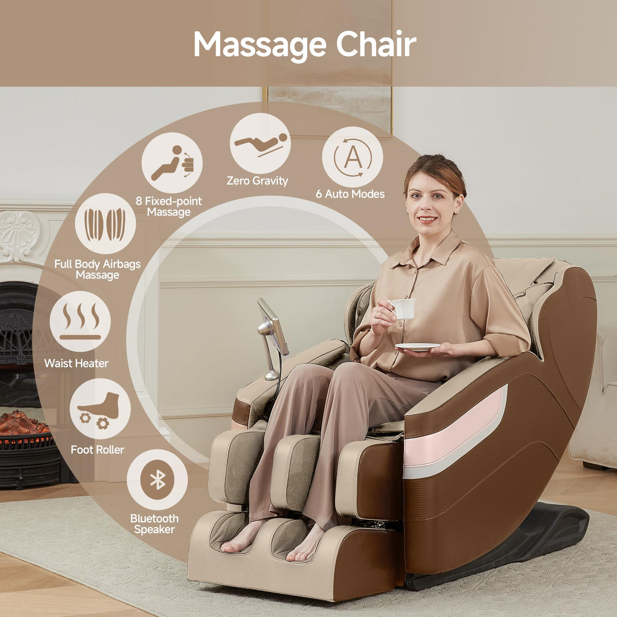 Real Relax Full Body Massage Chair, Zero Gravity Massage Recliner Chair with 6 Auto Modes, Full Body Airbags, Bluetooth, Fit Office and Home, Brown Real Relax