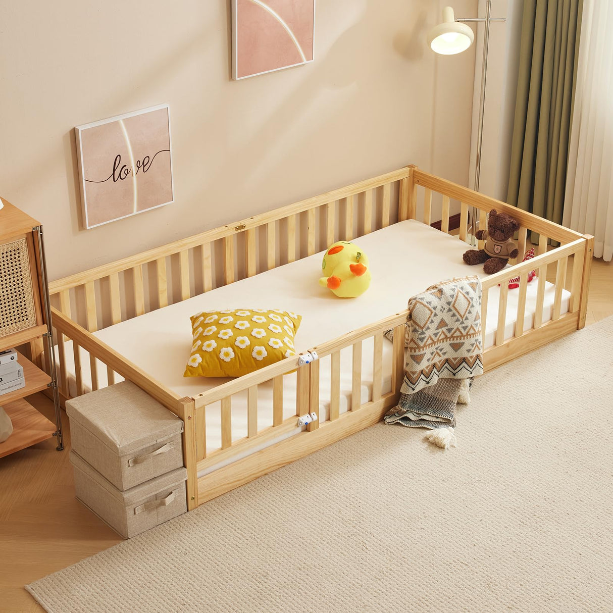 Karl home Toddler Floor Bed with Door and Fence for Kids, Montessori Bed with 12 Slats and Safety Guardrails,Kids Bed Solid Wood Twin Bed Frame for Girls, Boys (Natural) Karl home
