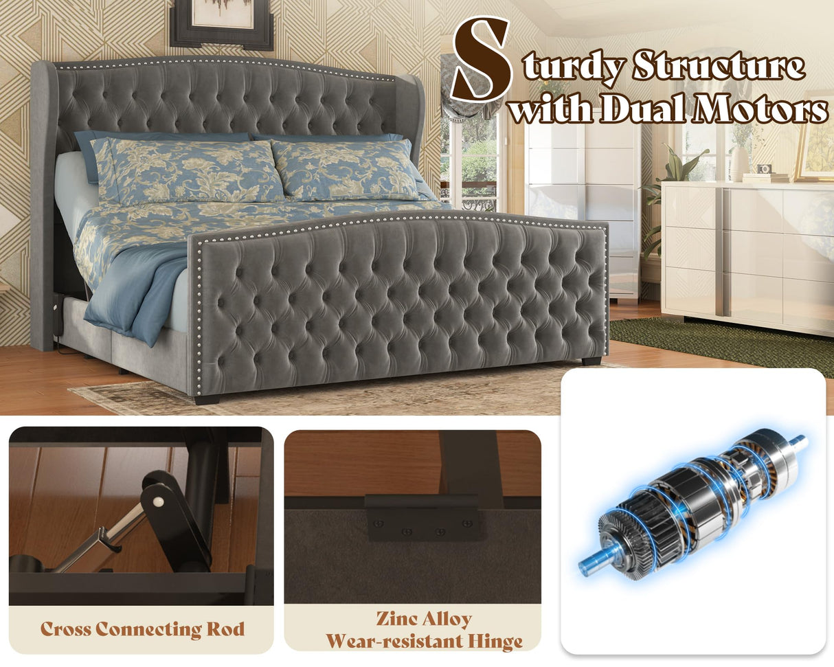 AMERLIFE King Size Adjustable Bed Frame with 51" H Velvet Upholstered and Deep Button Tufted Headboard, Electric Bed with Dual Motor/Nailhead Trim Wingback, No Box Spring Needed, Grey AMERLIFE