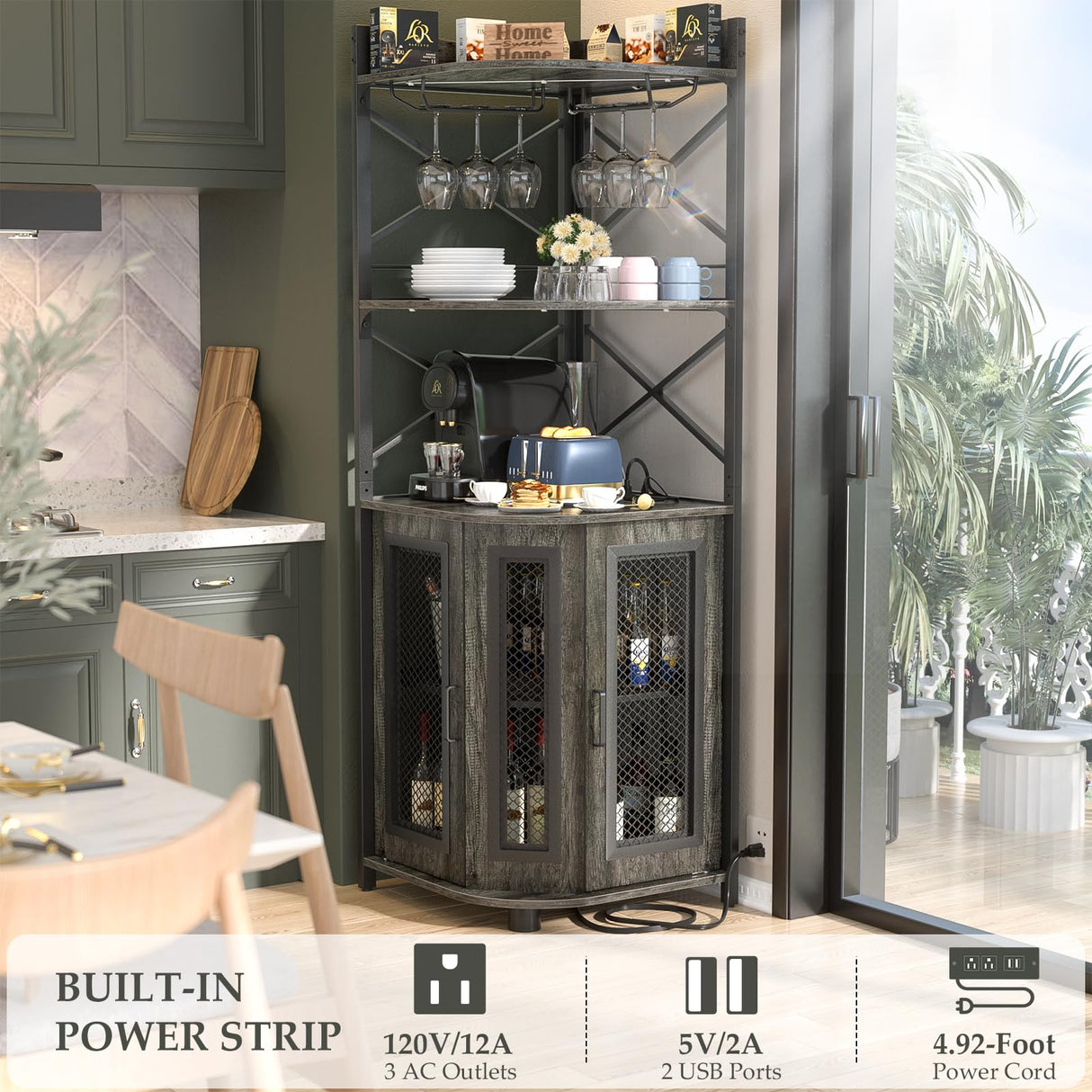 Aheaplus Corner Bar Cabinet with Power Outlet, Industrial Wine Cabinet with LED Strip and Glass Holder, 5-Tiers Liquor Cabinet Bar Unit for Home, Corner Display Cabinet for Small Space, Grey Oak Aheaplus