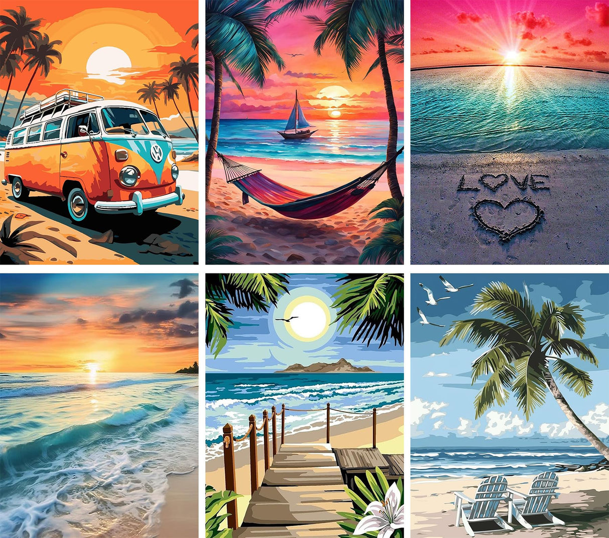 Ekuxom 6 Pack Paint by Numbers Kit for Adults Beginner, 12x16 inch Beach Adult Paint by Number Kits on Canvas, DIY Beach Painting by Numbers for Adults Home Wall Decor Ekuxom