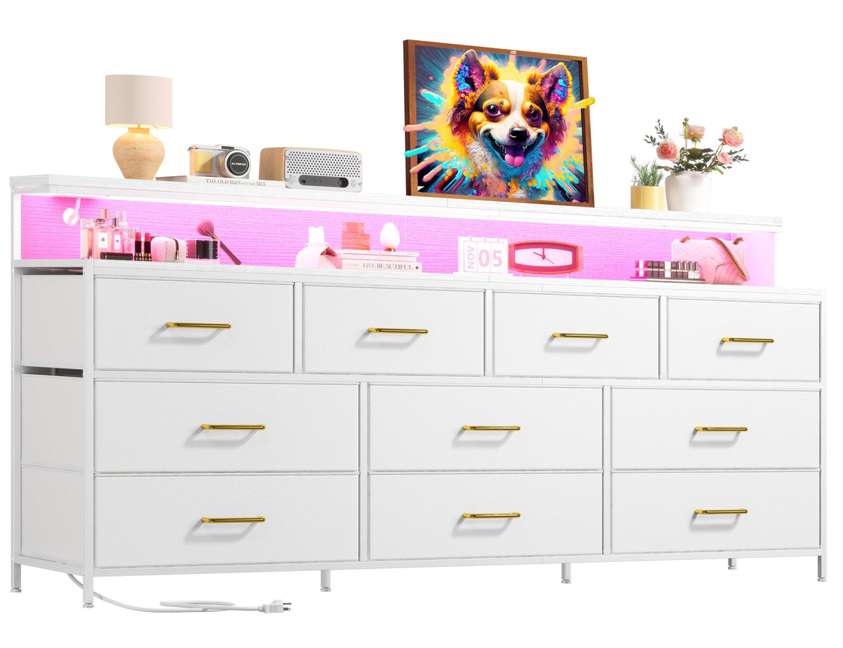 EnHomee 55" W White Dresser for Bedroom with 10 Drawers Long Dressers & Chests of Drawers with LED Lights & Power Outlets Large Dresser for Bedroom Dresser for Closet, Hallway, Metal Frame, White EnHomee