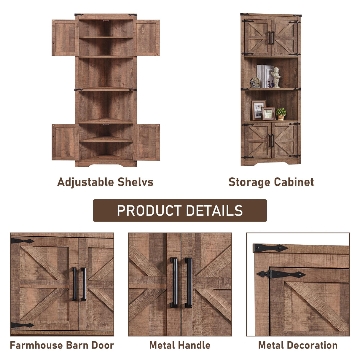 JXQTLINGMU Farmhouse Corner Cabinet, Tall Corner Bathroom Storage Cabinet with Barn Door & Adjustable Shelves, for Living Room, Kitchen,Utility Room (Rustic Brown) JXQTLINGMU
