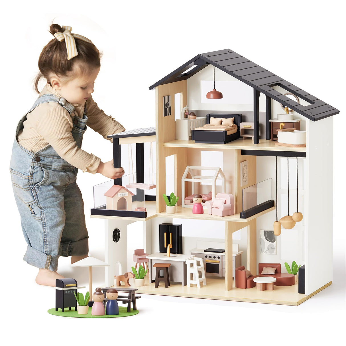 Tiny Land Doll House, Modern Family Dollhouse with Realistic Design, Wooden Dollhouse with 53Pcs Furniture - Ideal Gift for Kids Ages 3+ Tiny Land