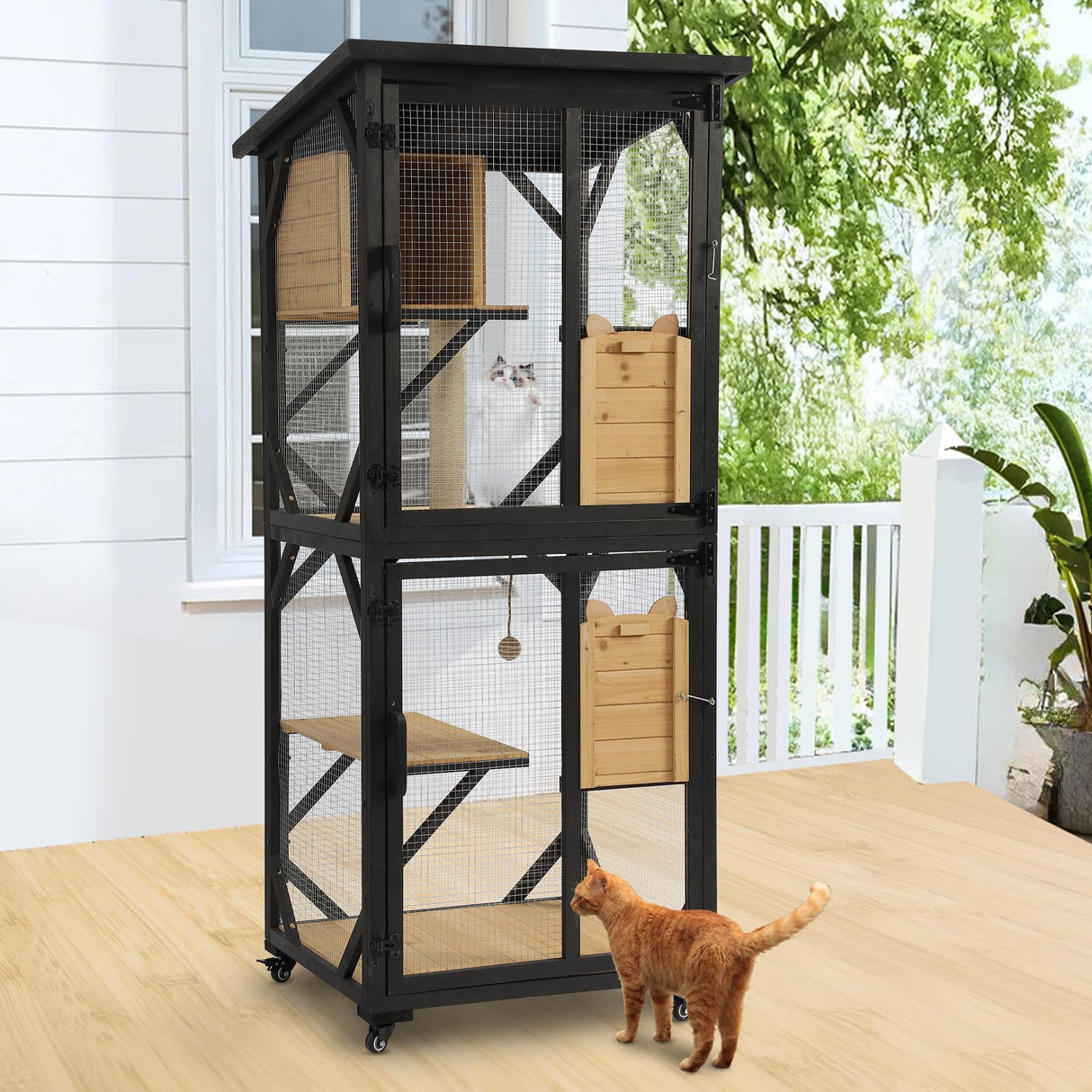 MAGIC UNION 71" Catio Outdoor Cat Enclosure Window Access, 4 Tiers Cats Playpen Catio with Wheels, Resting Box & Waterproof Roof, Indoor Large Cat House Cage with Scratching Post Sisal Ball (Black) MAGIC UNION