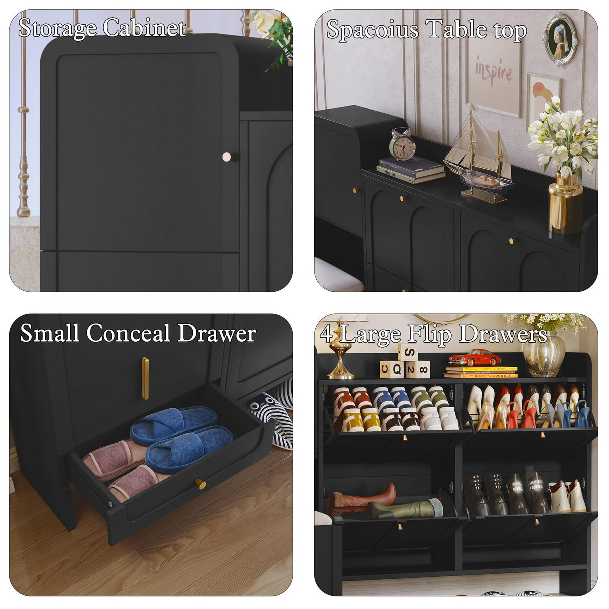 MOIANJI Modern Shoe Cabinet with 4 Flip Drawers, Large Shoe Storage Cabinet with Hidden Stool & Adjustable Shelves, Wood Shoe Rack Organizer for Entryway Foyer Hallway Living Room, Black MOIANJI