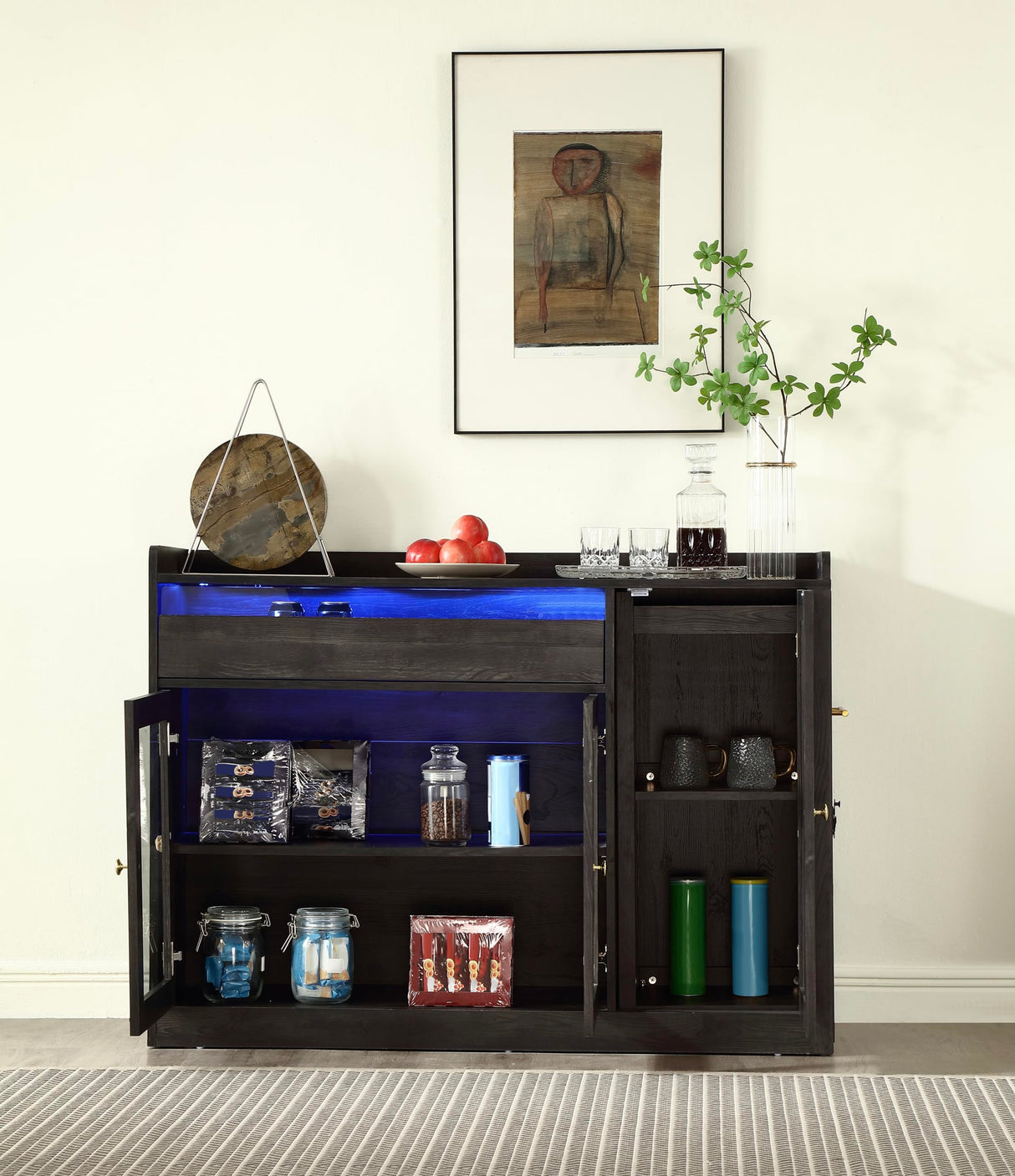 FOREST GRAVITY Smart Buffet Cabinet ,Sidecart brining Things Anywhere You Want,Coffee bar Cabinet, Liquor Cabinet,Sideboard Cabinet,Dancing LED Lighting, with 3 Doors,for Kitchen,Living Room,Black FOREST GRAVITY