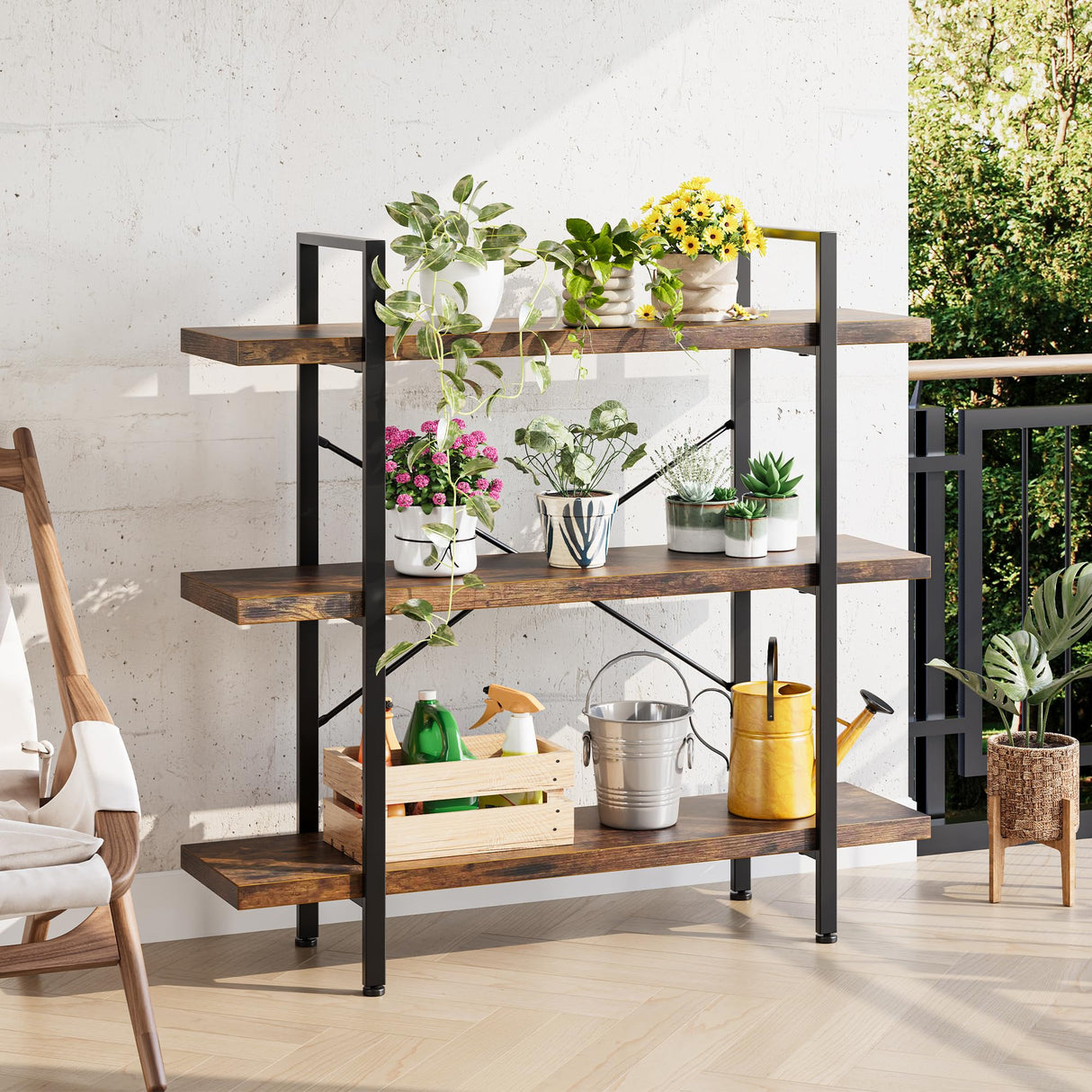 OtterOasis Heavy Duty 3-Tier Industrial Bookcase, 39" Wide Wood Bookshelf for Home Office, 120lbs Shelf Capacity, Rustic Open Shelving Display with Reinforced Horizontal Shelf for Living Room Bedroom OtterOasis