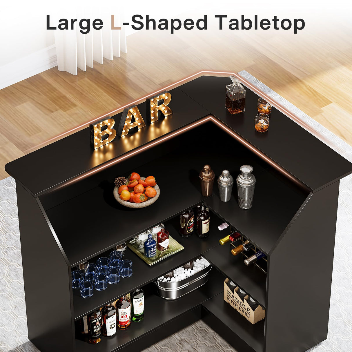 Tribesigns Bar Cabinet, L-Shaped Home Bar Table with Stemware Racks, 4-Tier Corner Bar Unit Liquor Wine Bar Table Reception Desk for Home Pub, Black Tribesigns