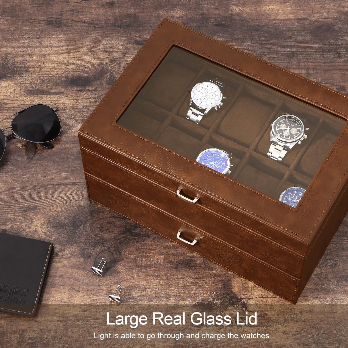 BEWISHOME Watch Box for Men Luxury Watch Case -10 Slots Watch Organizer with Drawer for Sunglass and Watch Storage, Large Glass Top, Faux Leather,Brown SSH34Z BEWISHOME