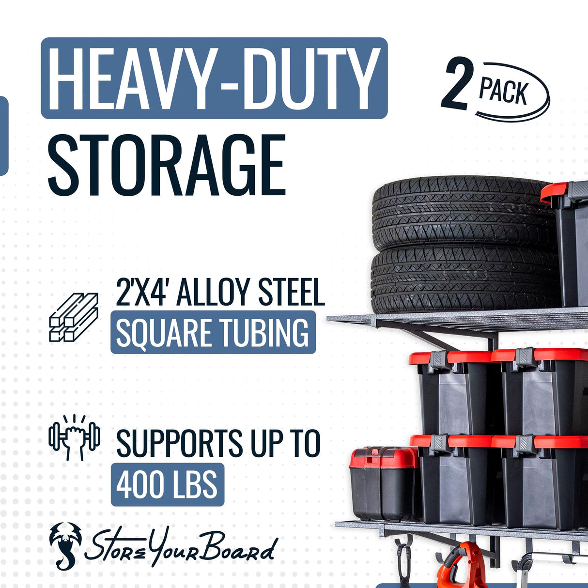 StoreYourBoard 2 Pack Heavy Duty Garage Wall Shelves, 2' x 4' Wall Mount Storage Shelf with Hooks, Hammered Gray Finish, Holds 200 lbs Each StoreYourBoard
