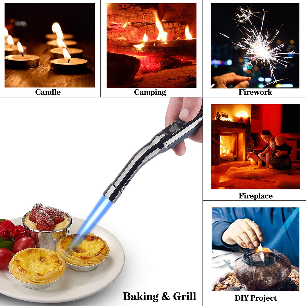 Yeuligo Torch Lighters, 7.6in Long Butane Lighter with Visible Window, Adjustable and Refillable Lighter for Kitchen Fireplace Camping Candle Grill BBQ Fireworks.Gas Not Included(Black) Yeuligo