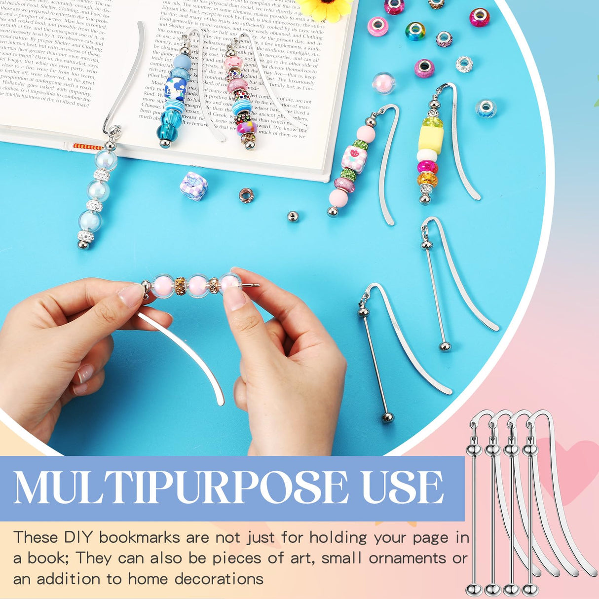 Dunzoom 20 Pcs Beadable Bookmarks DIY Metal Blank Bar Bookmark Silver for Beads Modern Beaded Bookmark Craft Jewelry Pendant Charm Gift for Book Lovers Student Teacher Office Supplies Dunzoom