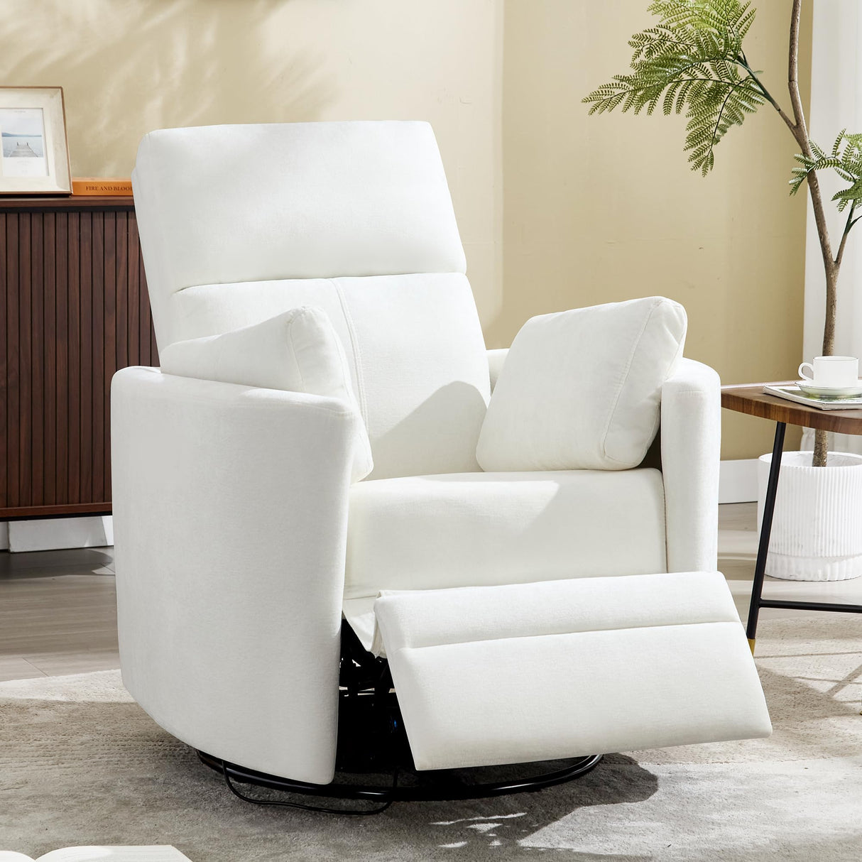 Swivel Rocker Recliner Chair, Manual Nursery Rocking Chair Upholstered Adult Rocking Chair with 2 Pillows for Living Room Bedroom (White, Manual Operation) choairy