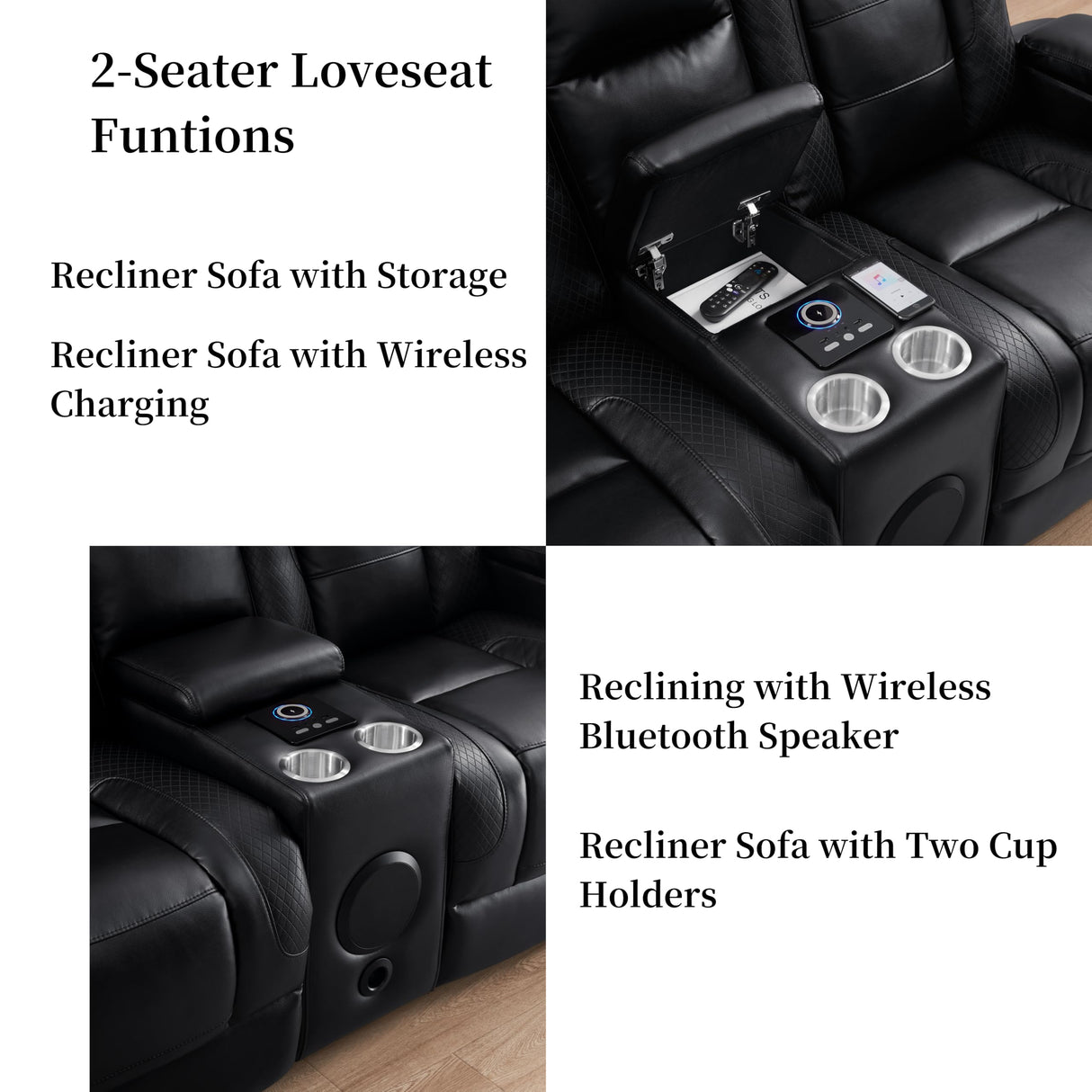 THSUPER Black Leather Power Recliner Sofa Loveseat Sets with Arm Storage and Power Headrest, Leather Living Room Reclining Sofa and Loveseat Set with Cup Holders and Bluetooth Speaker. THSUPER