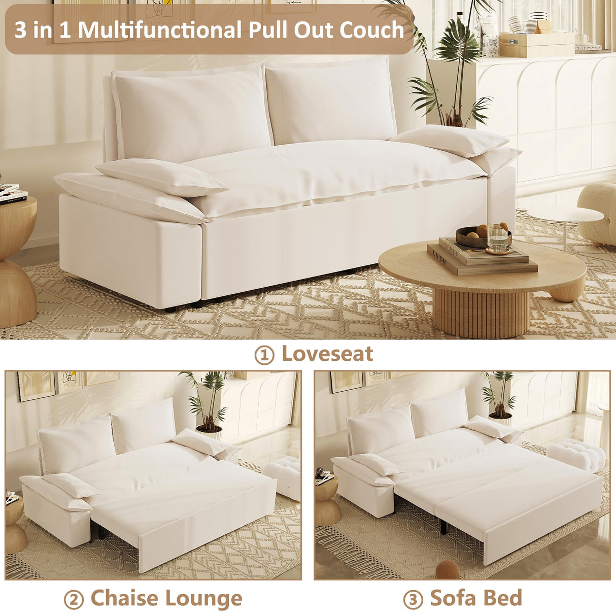 Neylory 70.1" Queen Pull Out Sofa Bed, 3 in 1 Convertible Sleeper Sofa, Velvet Loveseat Couch for Living Room, Apartment, Small Space, Beige Neylory