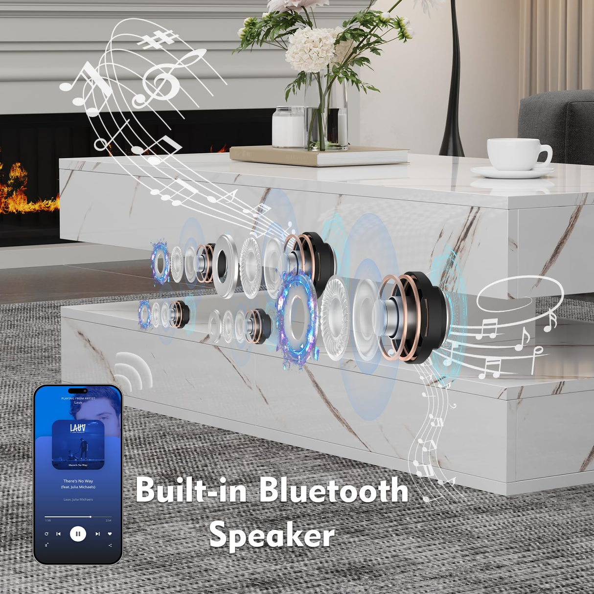 Buenhomino 47" Modern LED Coffee Table with 2 Drawers, High Glossy Double-Layer Center Table with Wireless Charging and Built-in Bluetooth Speaker Smart Table for Living Room with Marbling White Buenhomino