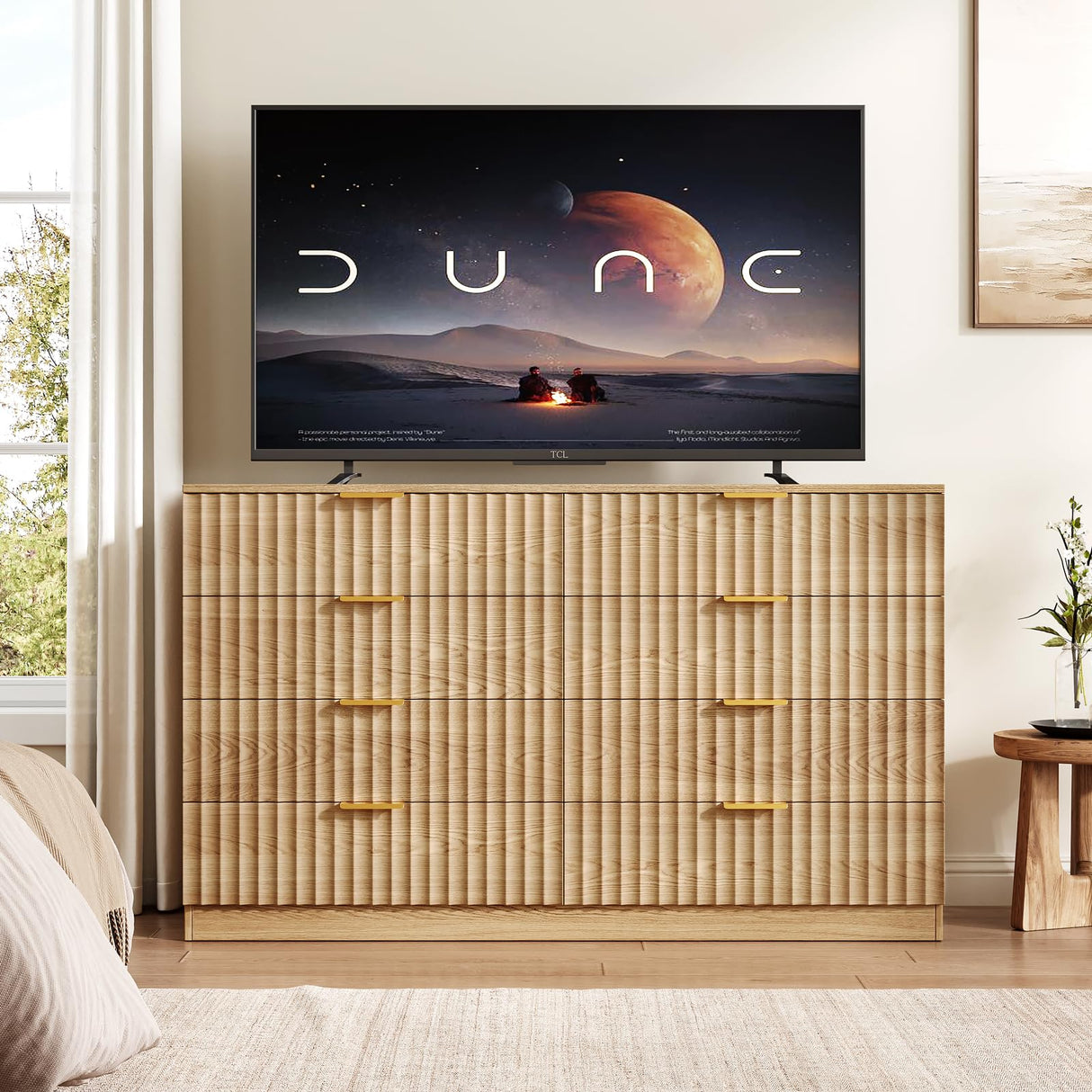 NDOHCUO Fluted 8 Drawer Dresser for Bedroom,47.2''W Modern Dresser for Closet with Metal Handle, Wooden Chest of Drawers for Bedroom, Living Room, Hallway, Natural NDOHCUO