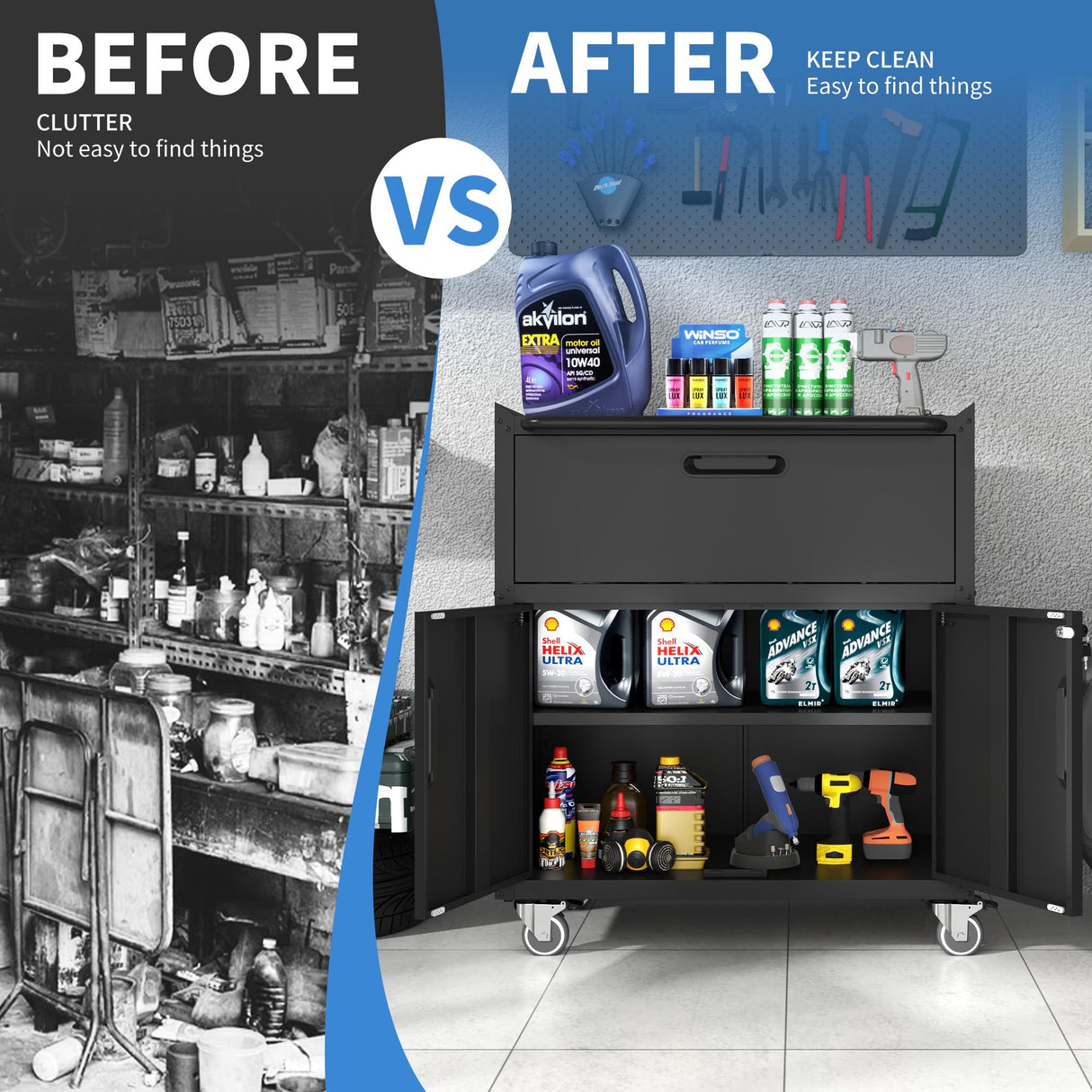 BIZOEIRON Metal Storage Cabinet with Wheels, Lockable Garage Cabinet with 2 Doors and 1 Drawer, Rolling Tool Storage, Assembly Required, Black BIZOEIRON