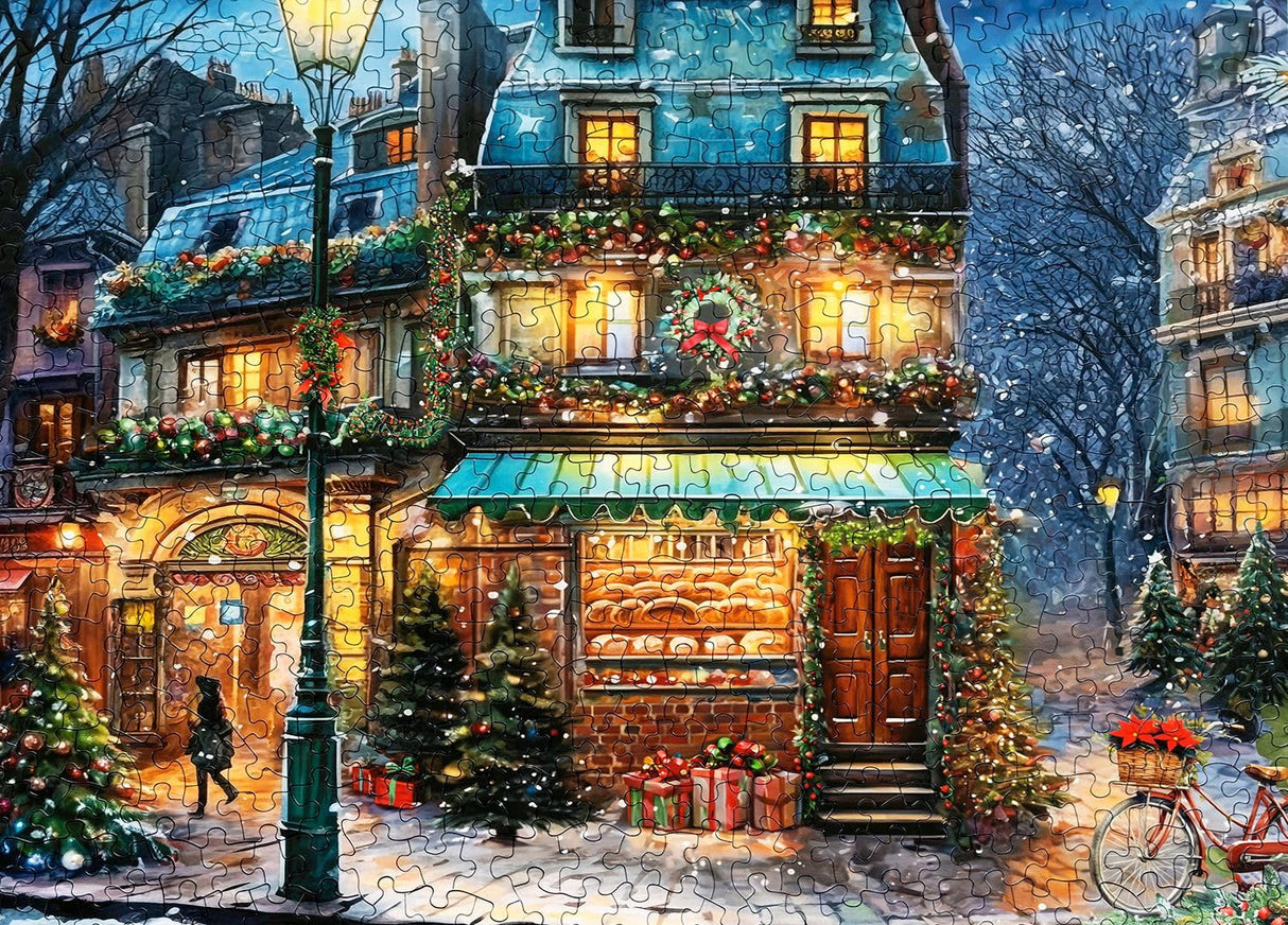 Springbok's Winter Wonderland Cafe 500 Piece Jigsaw Puzzle is a Picturesque Holiday Scene of a Cosy Cafe in The City Springbok