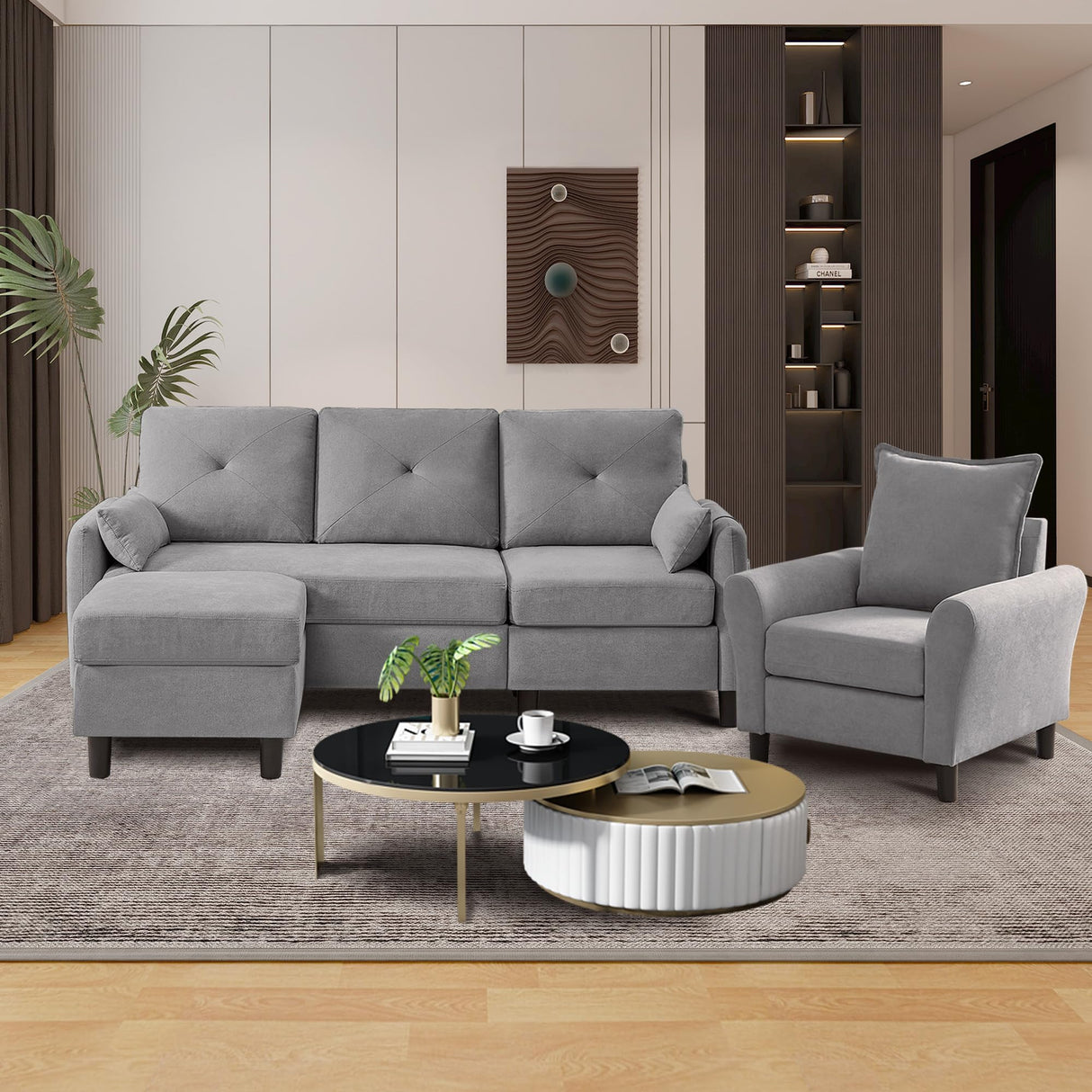 Portaforta Sectional Sofa Set, 77" Convertible Sofa and Accent Chair, Small 3 Seat L Shaped Couch with Storage Ottoman and Side Pockets, Modern Couch for Living Room, Office, Apartment, Light Grey Portaforta