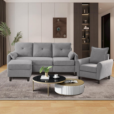 Portaforta Sectional Sofa Set, 77" Convertible Sofa and Accent Chair, Small 3 Seat L Shaped Couch with Storage Ottoman and Side Pockets, Modern Couch for Living Room, Office, Apartment, Light Grey