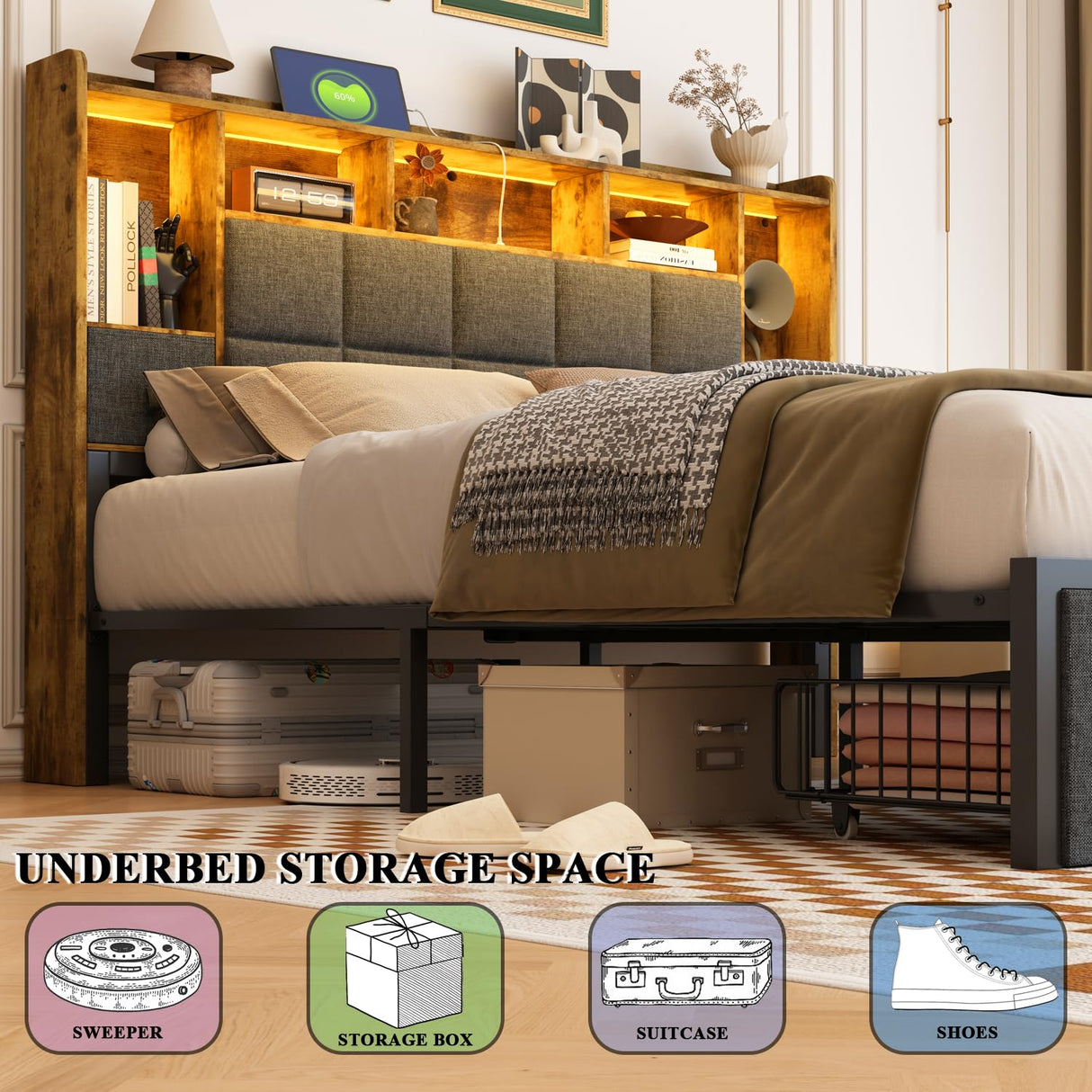 TIGUBFRE King Size Bed Frame with Bookcase Storage Drawers, LED Lights, Upholstered Platform Bed Frame with Headboard, Charging Station, Metal Slats Support, Noise Free, No Box Spring Needed, Grey TIGUBFRE