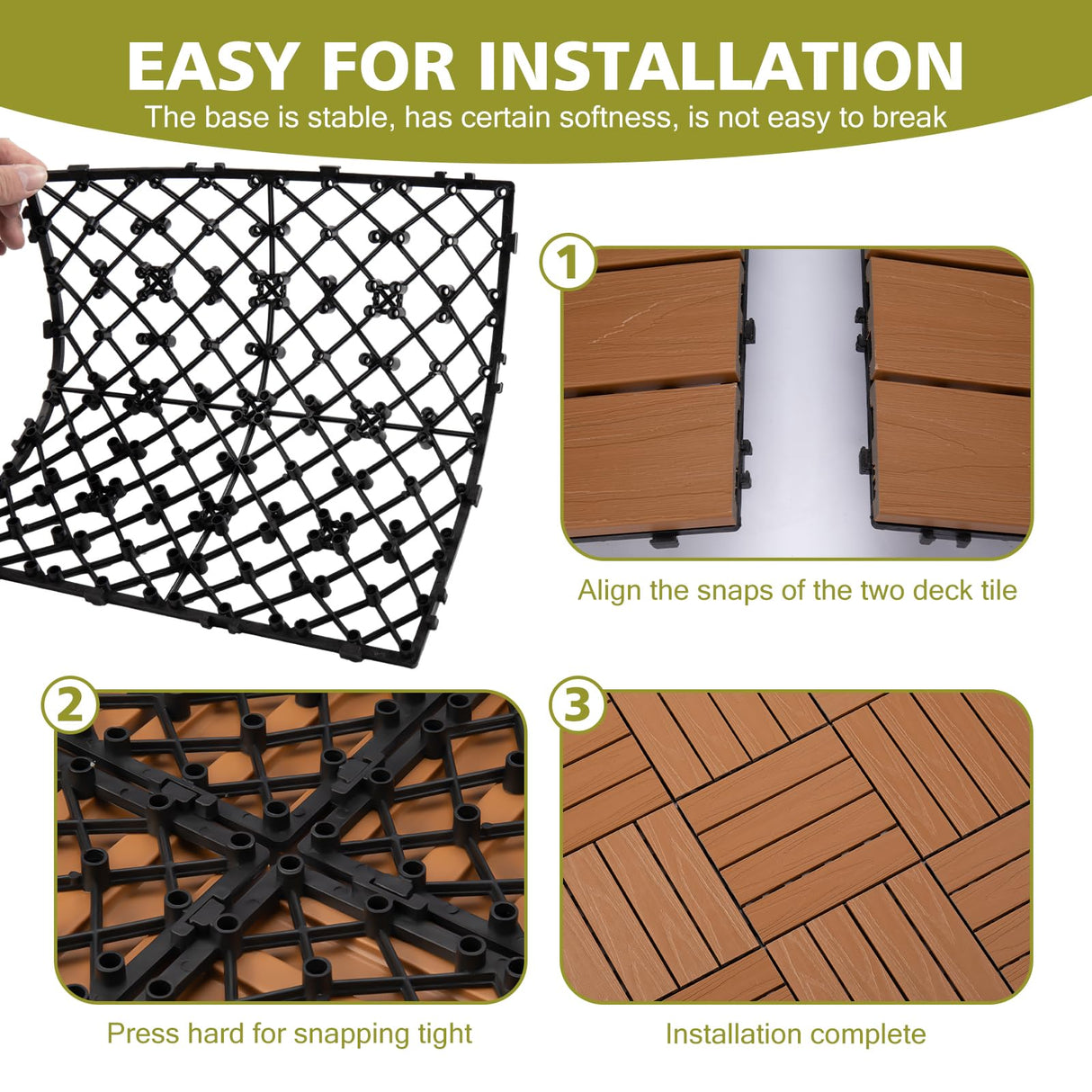 famobay Wood Plastic Composite Patio Deck Tiles,DIY Interlocking Decking Tiles, Floor Tile,Durable, Maintenance,Waterproof,Indoor Outdoor (6, 3D Teak, 12" x 12") famobay