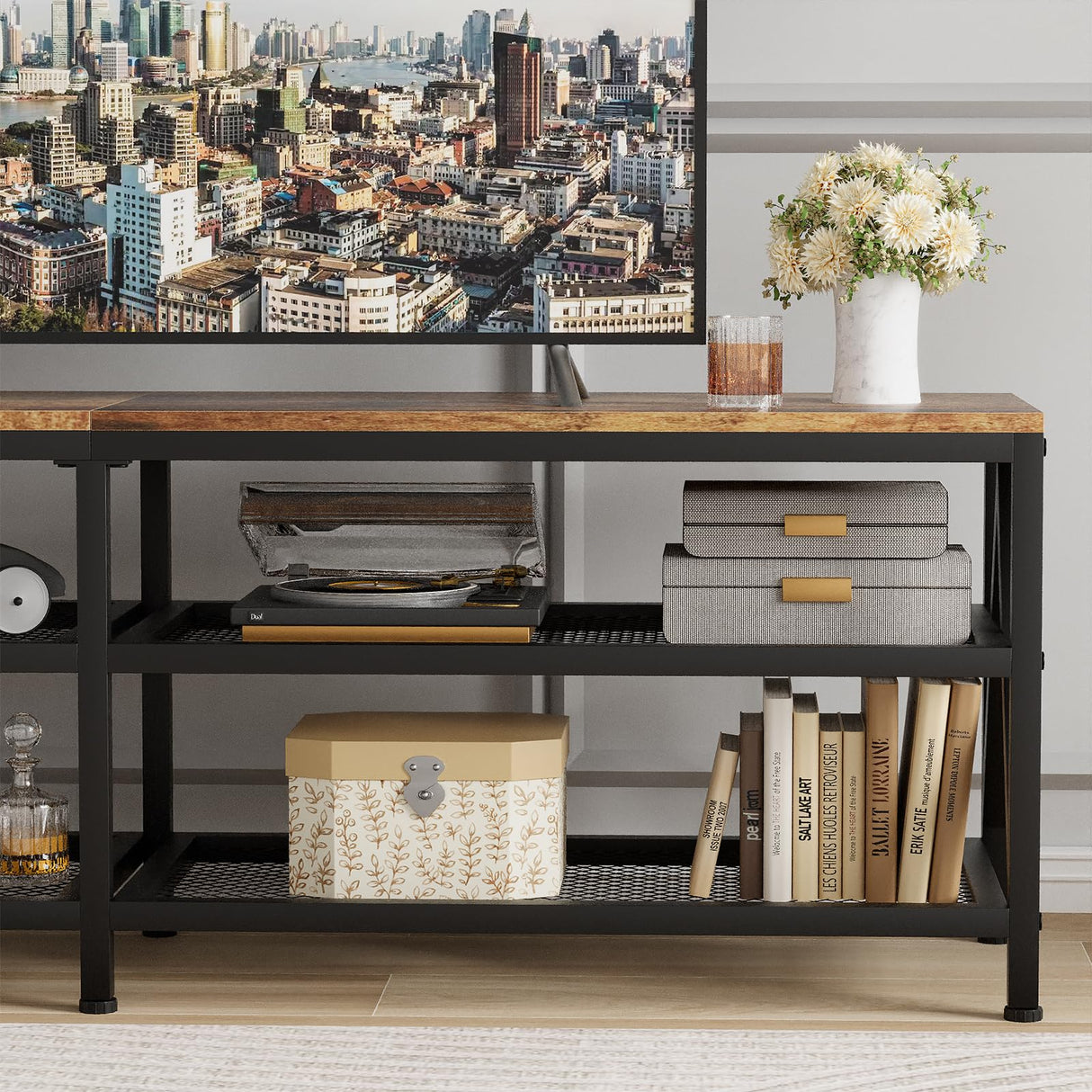 Katrawu TV Stand for TV up to 70 Inch, Long 63" TV Cabinet with 3-Tier Storage Shelves,Entertainment Center TV Console Table for Living Room with Industrial TV Metal Frame, Rustic Brown Katrawu