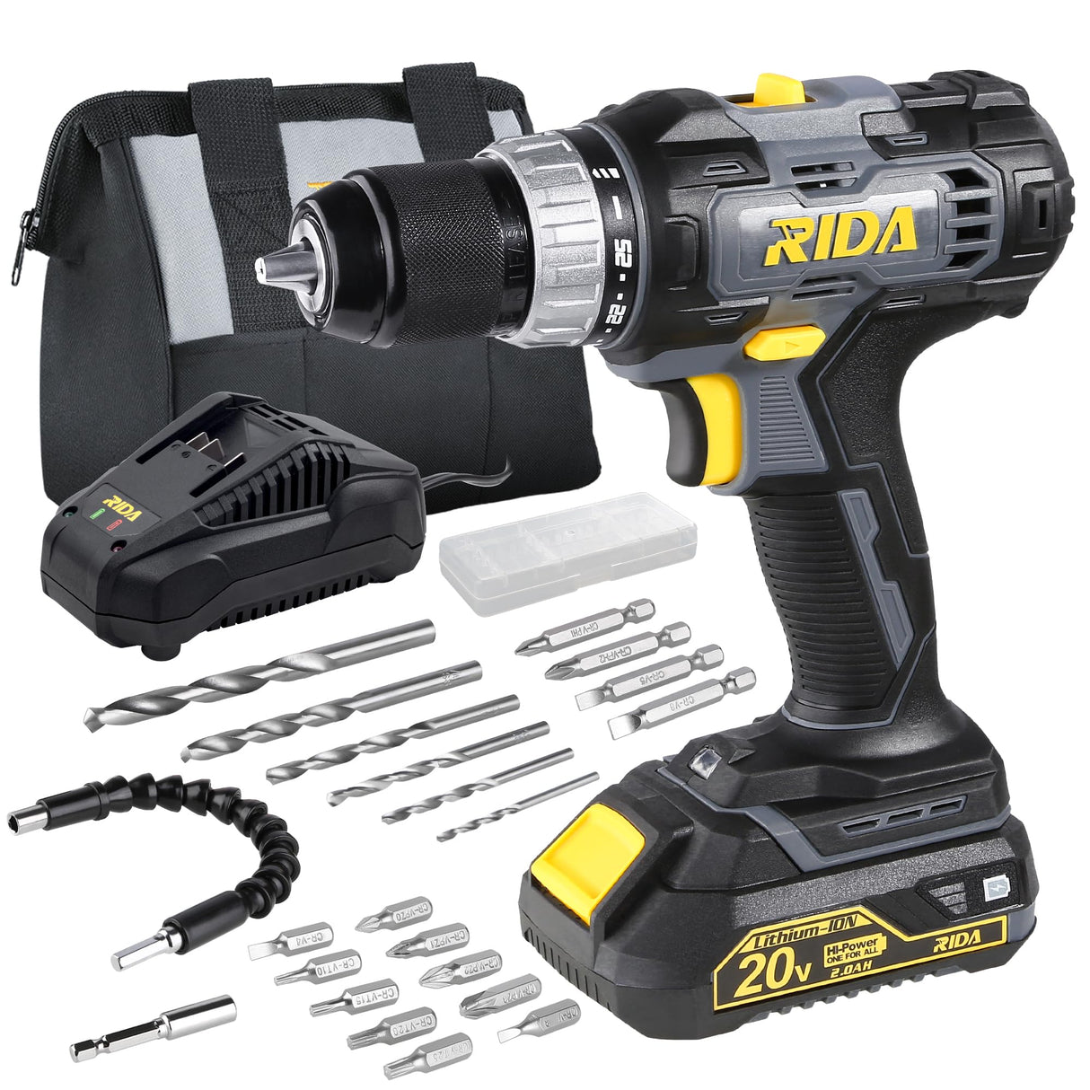 RIDA Cordless Drill Power Drill Cordless 20V 1/2'' Keyless Metal Chuck 355 In-lb(40N.m) Torque with 2.0AH Li-ion Battery & Fast Charger, Variable Speed, 25+1 Position and 22pcs Bits RIDA