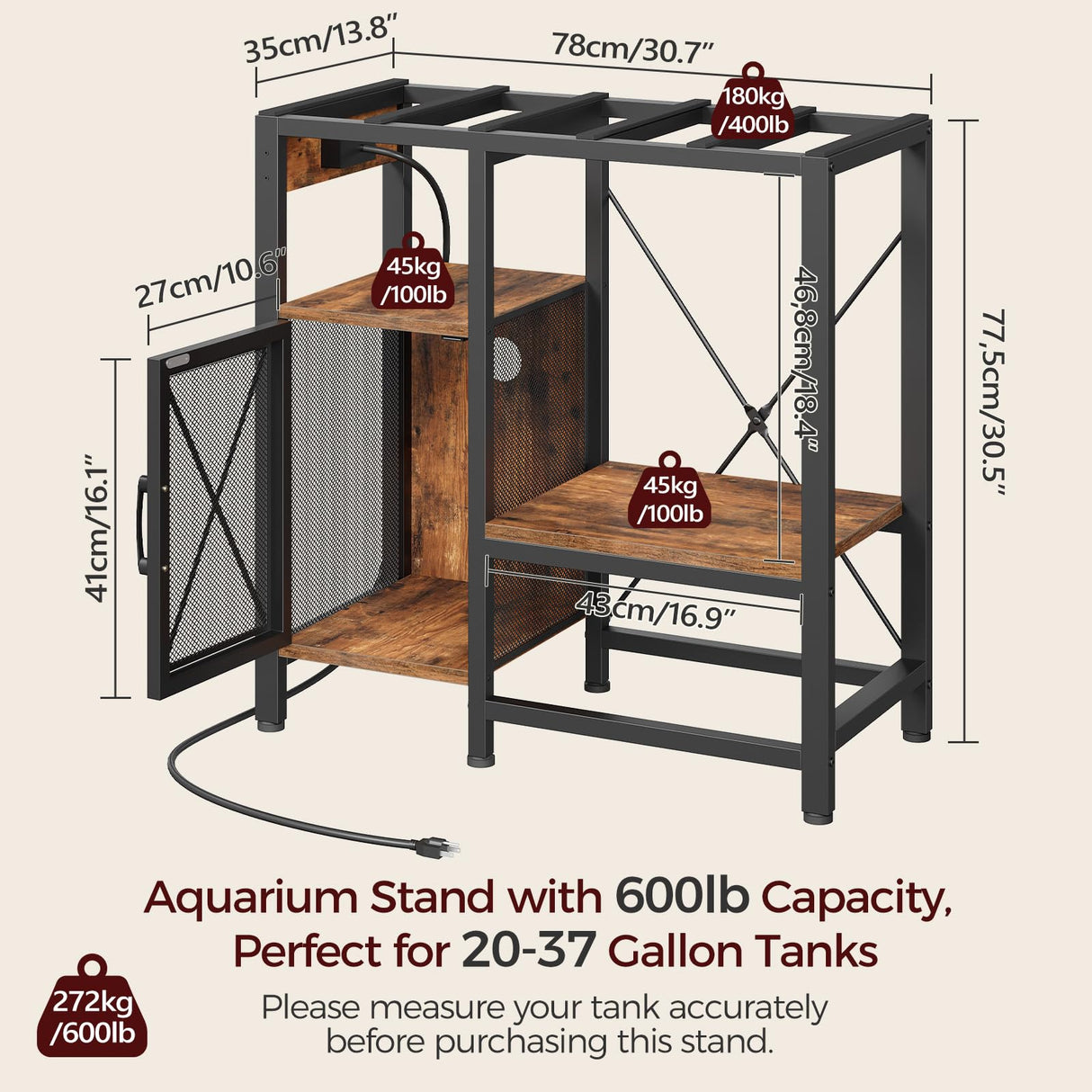 MAHANCRIS 20-37 Gallon Fish Tank Stand, Aquarium Stand with Power Outlet and Storage Cabinet, Heavy Duty Tank Stand Suitable for Turtle Tank, Reptile Terrarium, for Home Office, Rustic Brown FTHR40E01 MAHANCRIS
