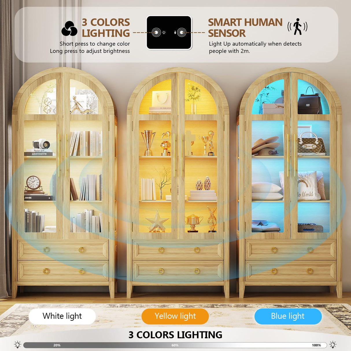 LVSOMT 71" Tall Arched Storage Cabinet with Glass Doors and Drawers, Curio Display Cabinet with Adjustable LED Light & Human Sensor, 4-Tier China Cabinet for Living Room(Wood) LVSOMT