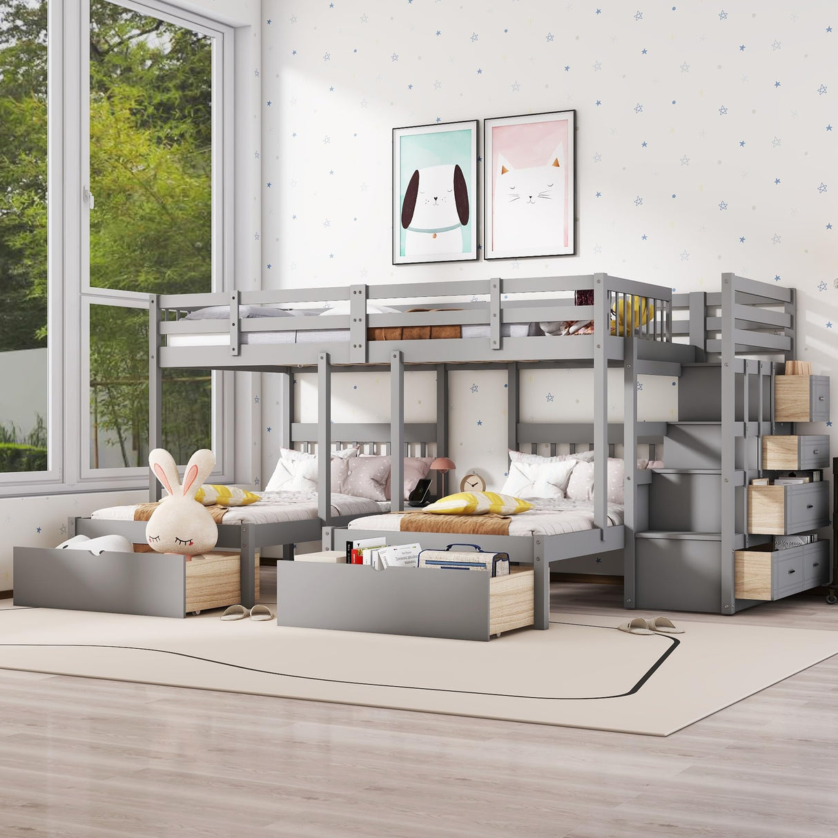 Harper & Bright Designs Grey Triple Bunk Beds with Drawers and Storage Staircase - Full Over Twin & Twin Design Harper & Bright Designs