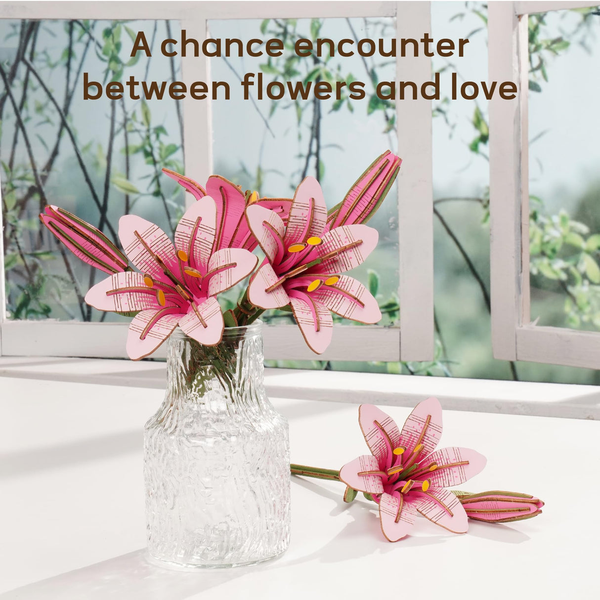 ROBOTIME 3D Puzzle Wooden Flower Pink Lily DIY Model Kit to Build for Adults Artifical Bouquet Collection Craft Brain Teaser Puzzle Creative Gift Home Decor ROBOTIME