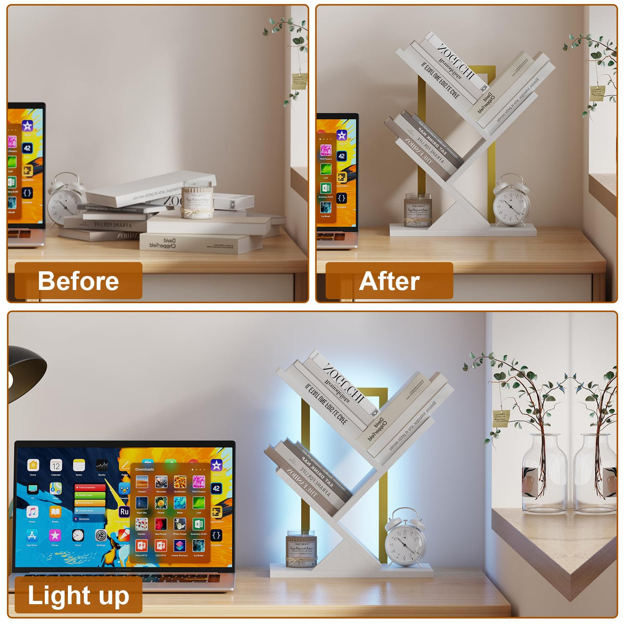 Qupui Tree Bookshelf with LED Lights, 3 Tier Floor Standing Bookcase, Classical Corner Shelf Kids Bookshelf, Tall Wood Book Storage for Bedroom, Living Room, Home Office, White Qupui