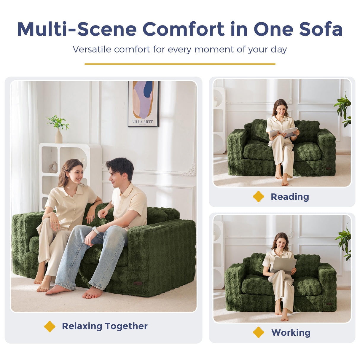 MAXYOYO Loveseat Sofa for Living Room, Small Sofa Couch Tufted Boneless Couch, Comfy Bean Bag Chair for Small Space Bedroom Apartment, No Assembly Needed, Green MAXYOYO