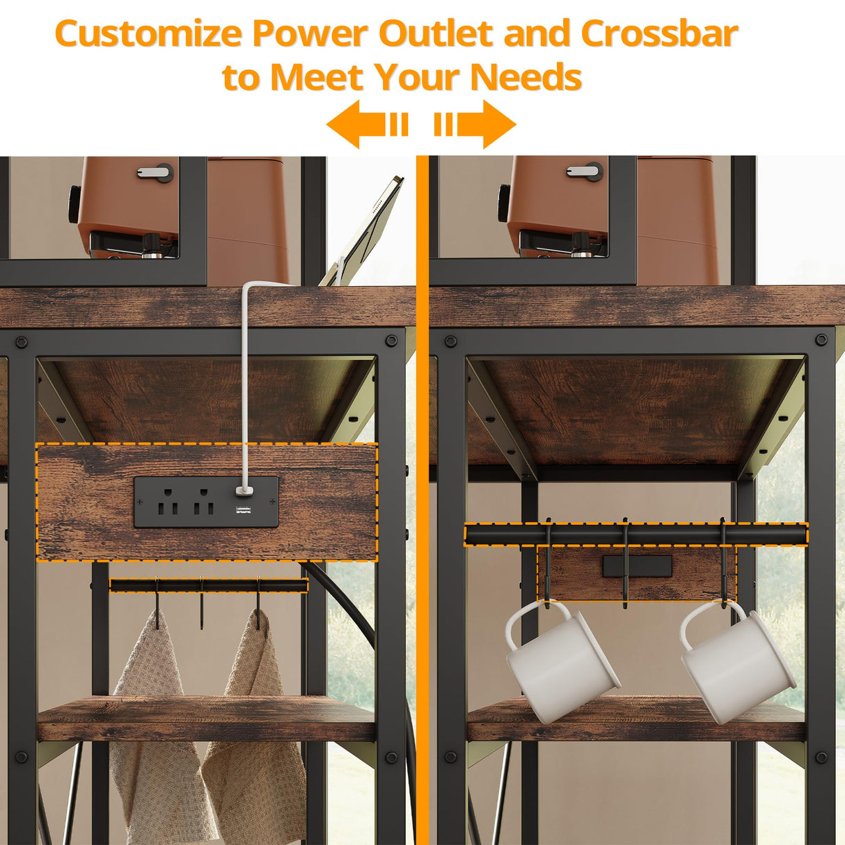 IRONCK Kitchen Island with Stools, Dining Table Set with Storage and Power Outlet, Industrial Coffee Bar Table for Kitchen Dining Living Room, 10 Hooks (Vintage Brown) IRONCK