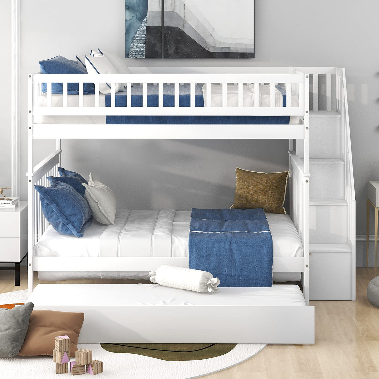 BIADNBZ Full Over Full Bunk Bed with Trundle and Storage Staircase, Solid Wood Bunkbeds can be Divided into 2 Platform Bedframes, for Kids Teens Adults Bedroom, White BIADNBZ