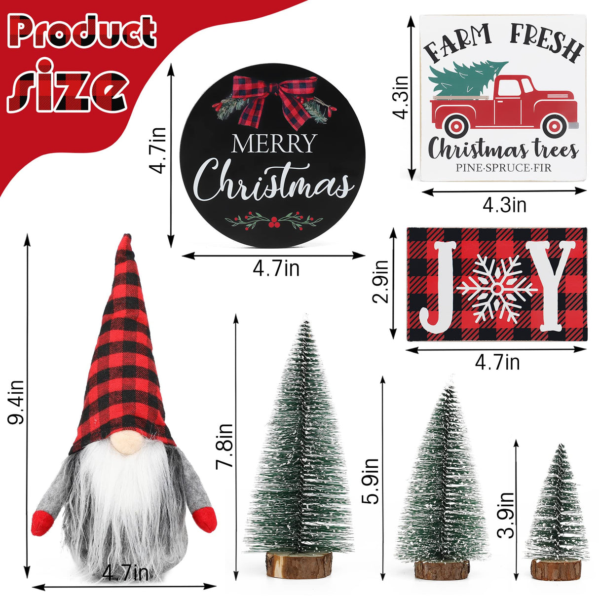 Christmas Tiered Tray Décor Set of 7, Merry Christmas Farm Fresh Truck, Joy Wood Sign Buffalo Plaid Gnome Plush and Trees, Farmhouse Table Home Party Shelf Fireplace Mantel Decor NEWLIGHTURE
