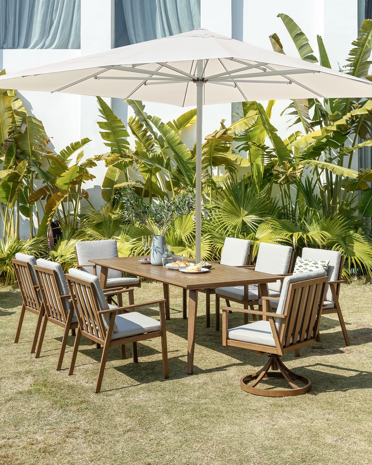 SeeHill 9 Pieces Patio Dining Set for 8, Outdoor Aluminum Dining Furniture Set with Umbrella Hole, Outdoor Patio Table Sets with 2 Swivel Chairs, 4 Dining Chairs and Table for Deck Yard Poolside, Teak SEEHILL