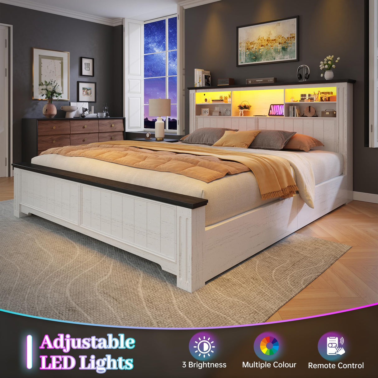 EnHomee Queen Bed Frame with Headboard, Bed Frame Queen Size with 4 Drawers Charging Port & LED, Farmhouse Queen Bed Built in Charging Station,No Box Spring Needed,NO Noise,White with Grain Marks EnHomee