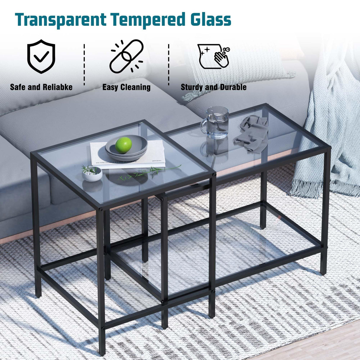 Nesting Coffee Table,Small Glass Coffee Table Set of 2,Black Modern Square Sofa Side Tea Table for Living Room,Bedroom and Small Spaces,2 Tier Tempered Glass with Sturdy Metal Frame, Easy Assembly Adompacat