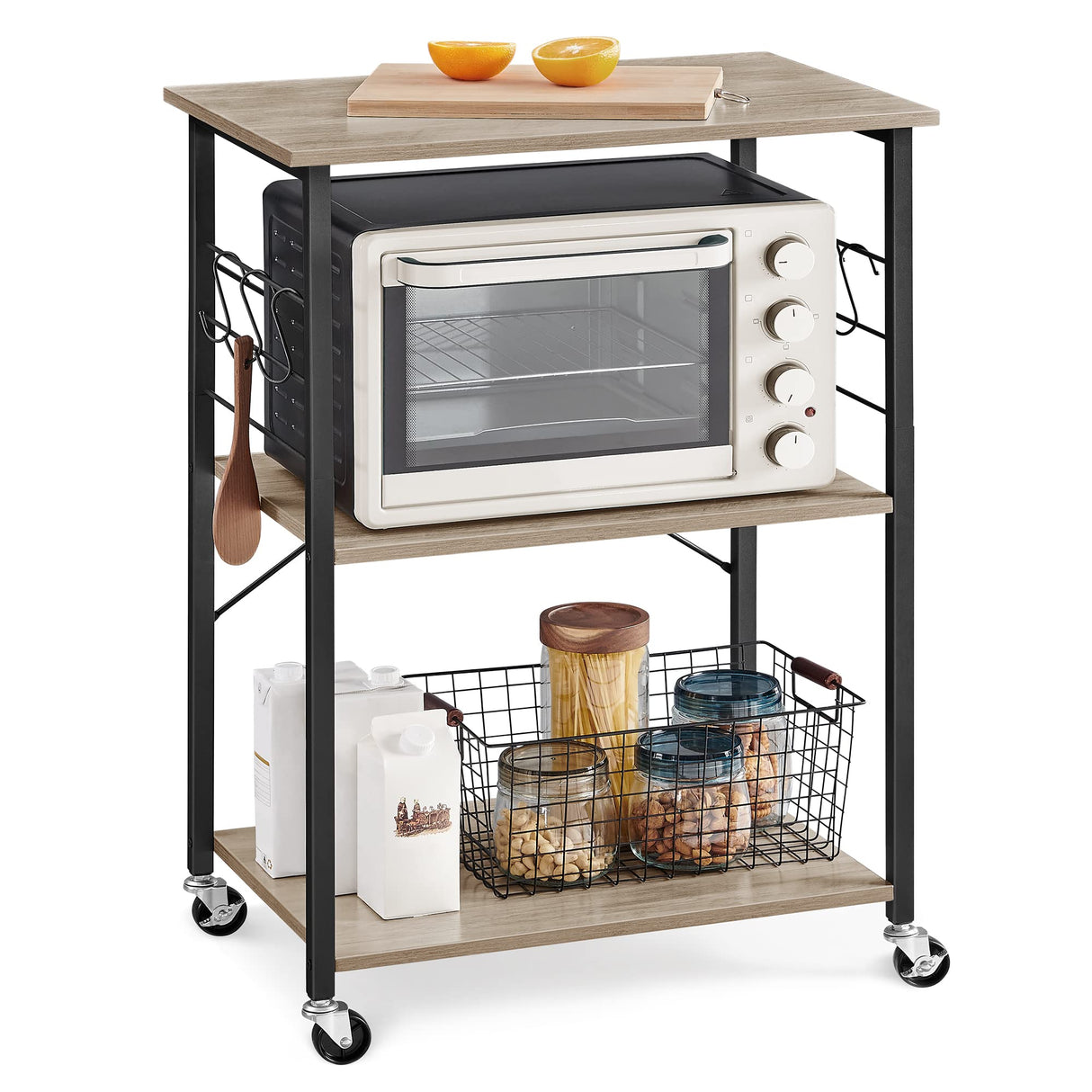 VASAGLE Kitchen Shelf on Wheels, Serving Cart with 3 Shelves, Kitchen Cart, Microwave Shelf, for Mini Oven, Toaster, with 6 Hooks, Industrial Style, Greige and Black UKKS060B02 VASAGLE