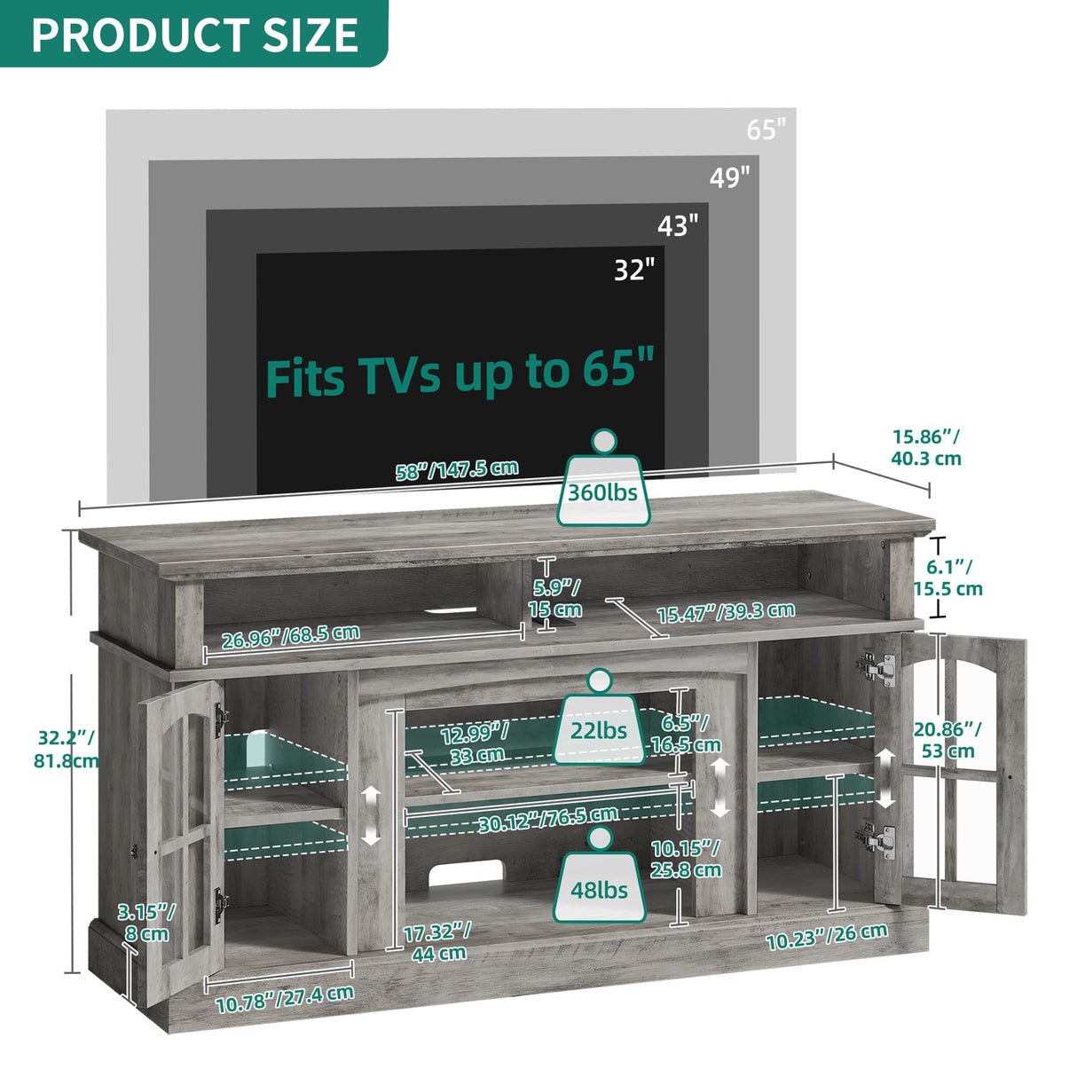 YITAHOME LED Farmhouse TV Stand for 65 Inch w/Outlets, Modern Entertainment Center with Glass Doors and Adjustable Storage Shelves, Media Console TV Cabinet for for Living Room, Grey YITAHOME